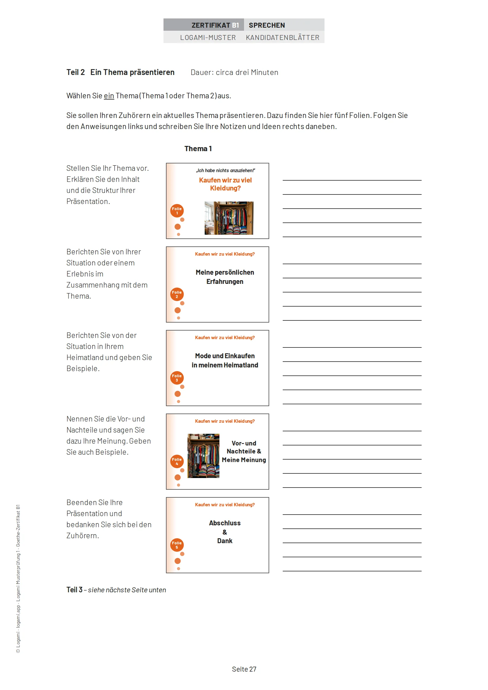 Teil 2 Thema 1: five presentation slides on "Kaufen wir zu viel Kleidung?"