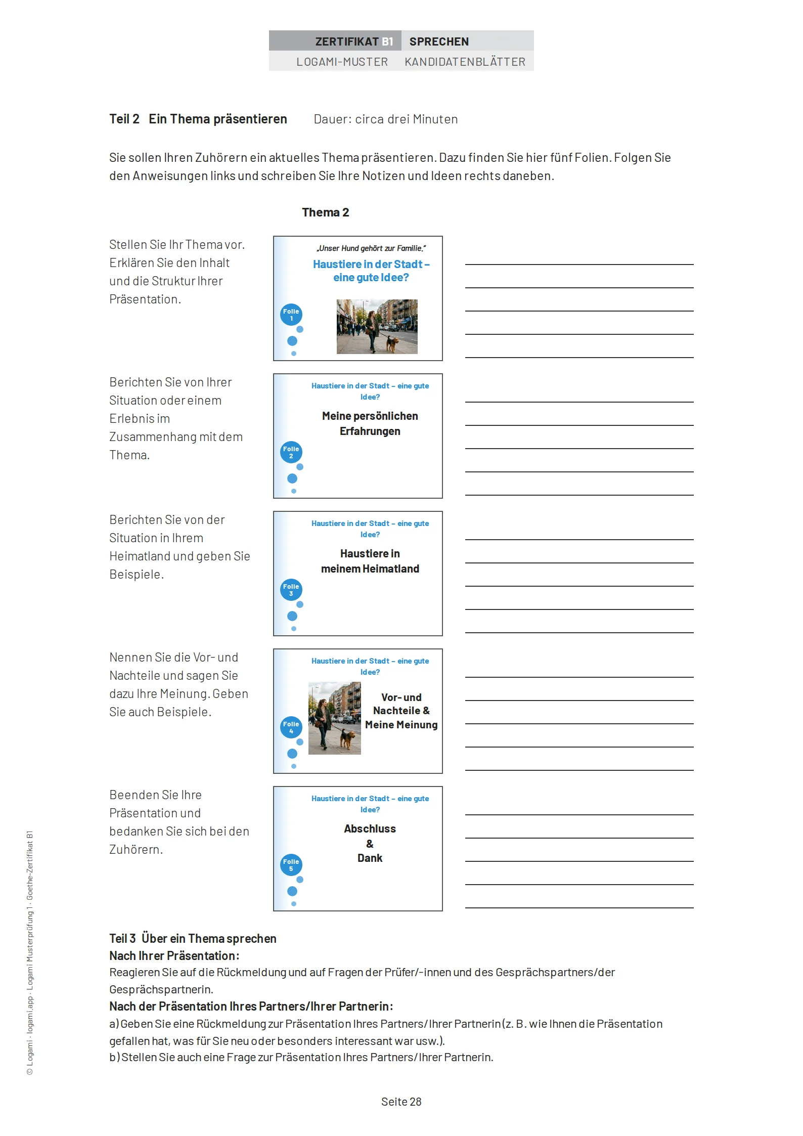 Teil 2 Thema 2: five presentation slides on "Haustiere in der Stadt – eine gute Idee?", with the Teil 3 instructions