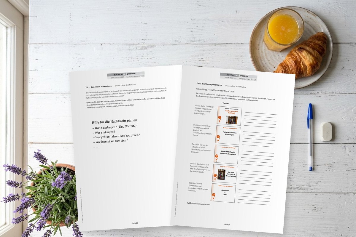Goethe-Zertifikat B1 speaking sheets with a planning task and presentation slides lying on a desk