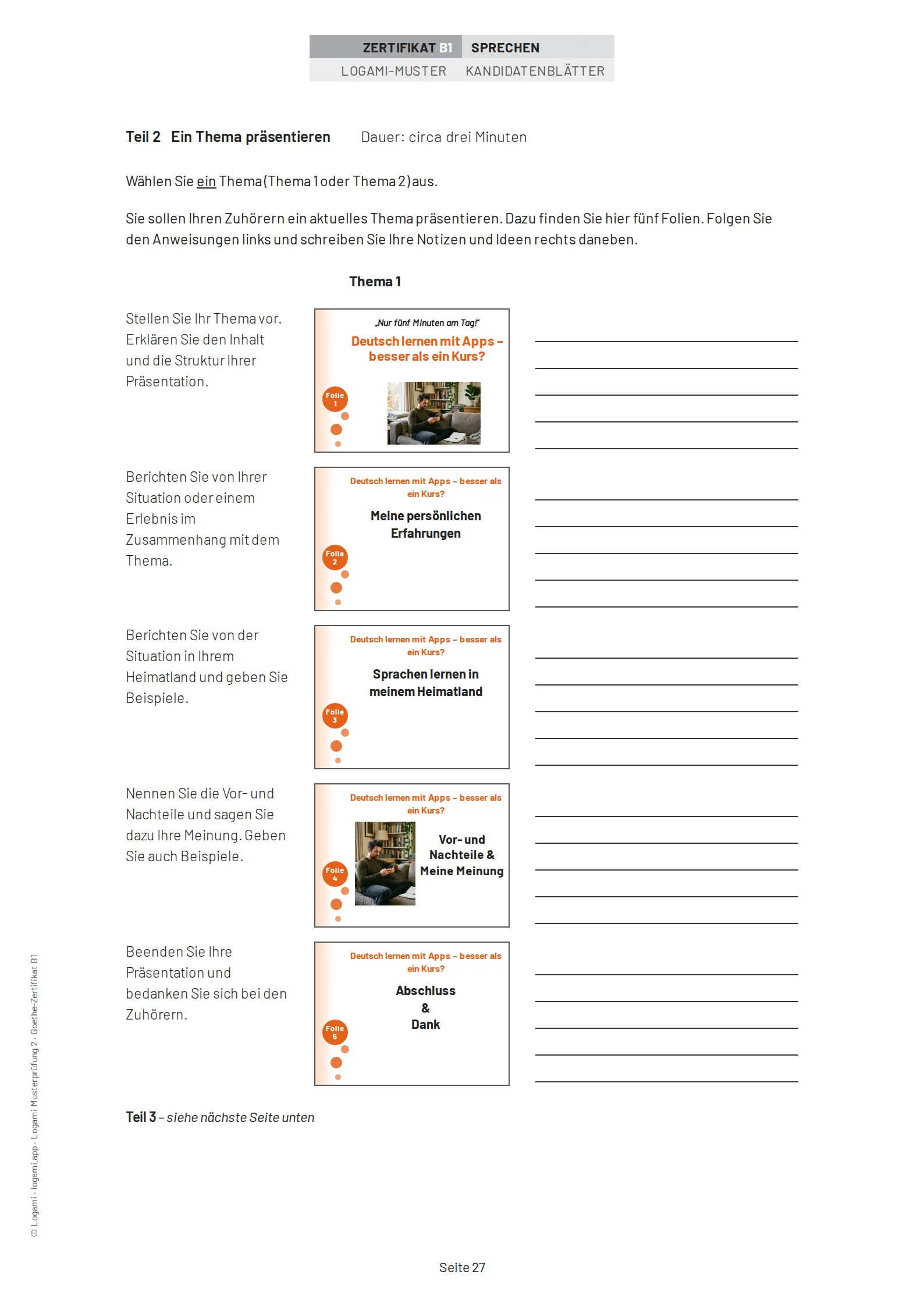 Teil 2 Thema 1: five presentation slides on "Deutsch lernen mit Apps – besser als ein Kurs?"