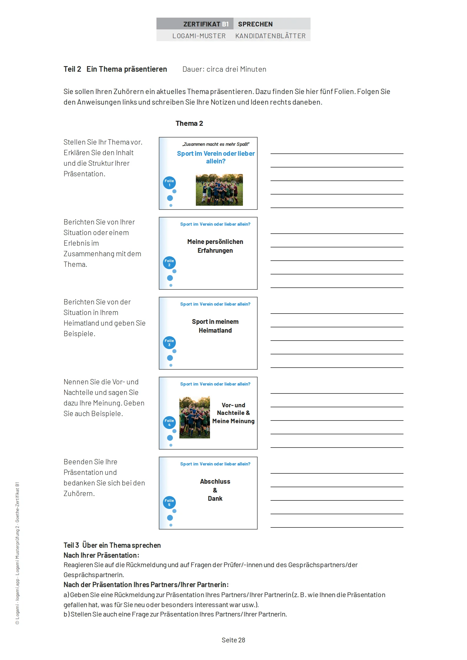 Teil 2 Thema 2: five presentation slides on "Sport im Verein oder lieber allein?", with the Teil 3 instructions