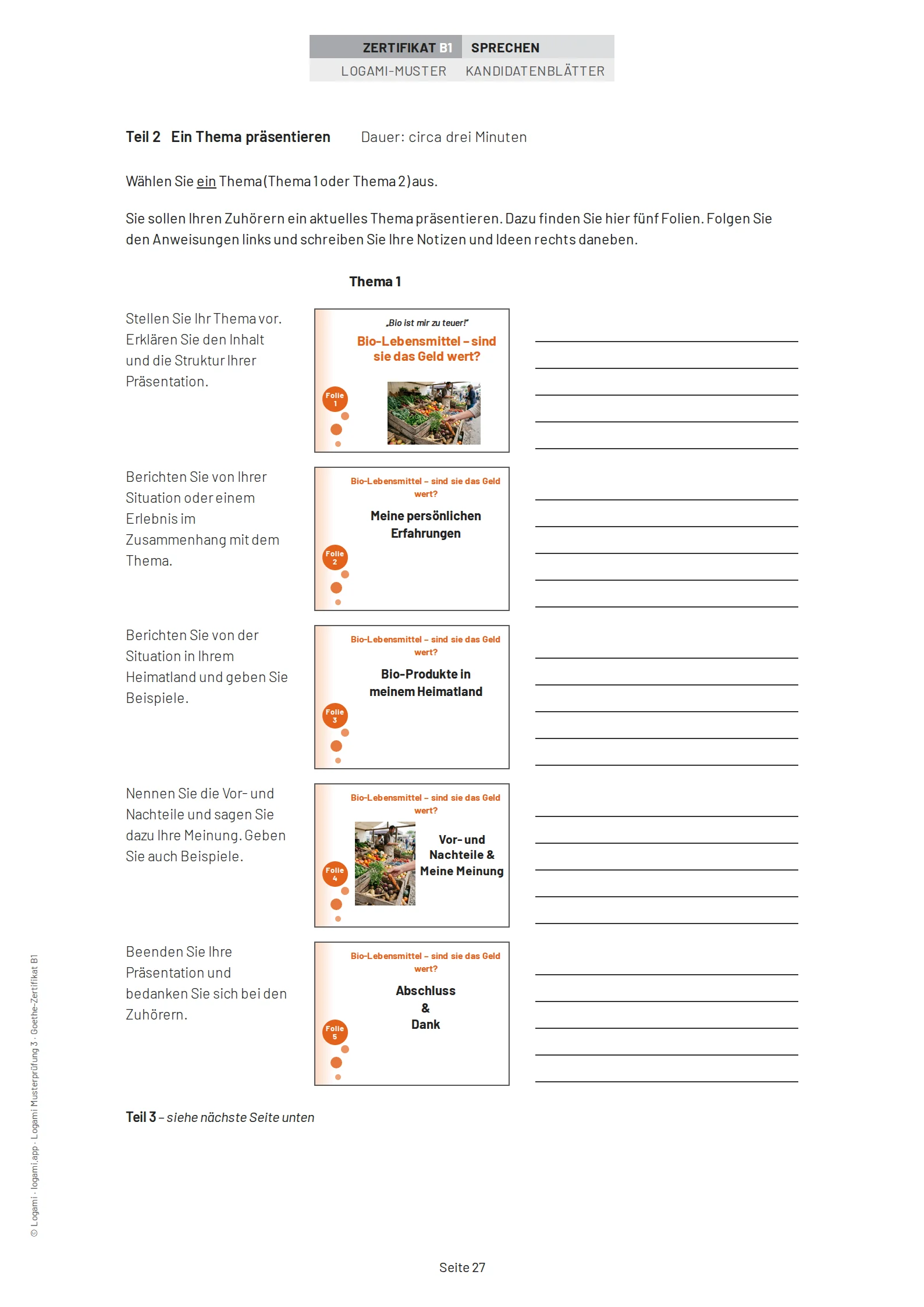 Teil 2 Thema 1: five presentation slides on "Bio-Lebensmittel – sind sie das Geld wert?"