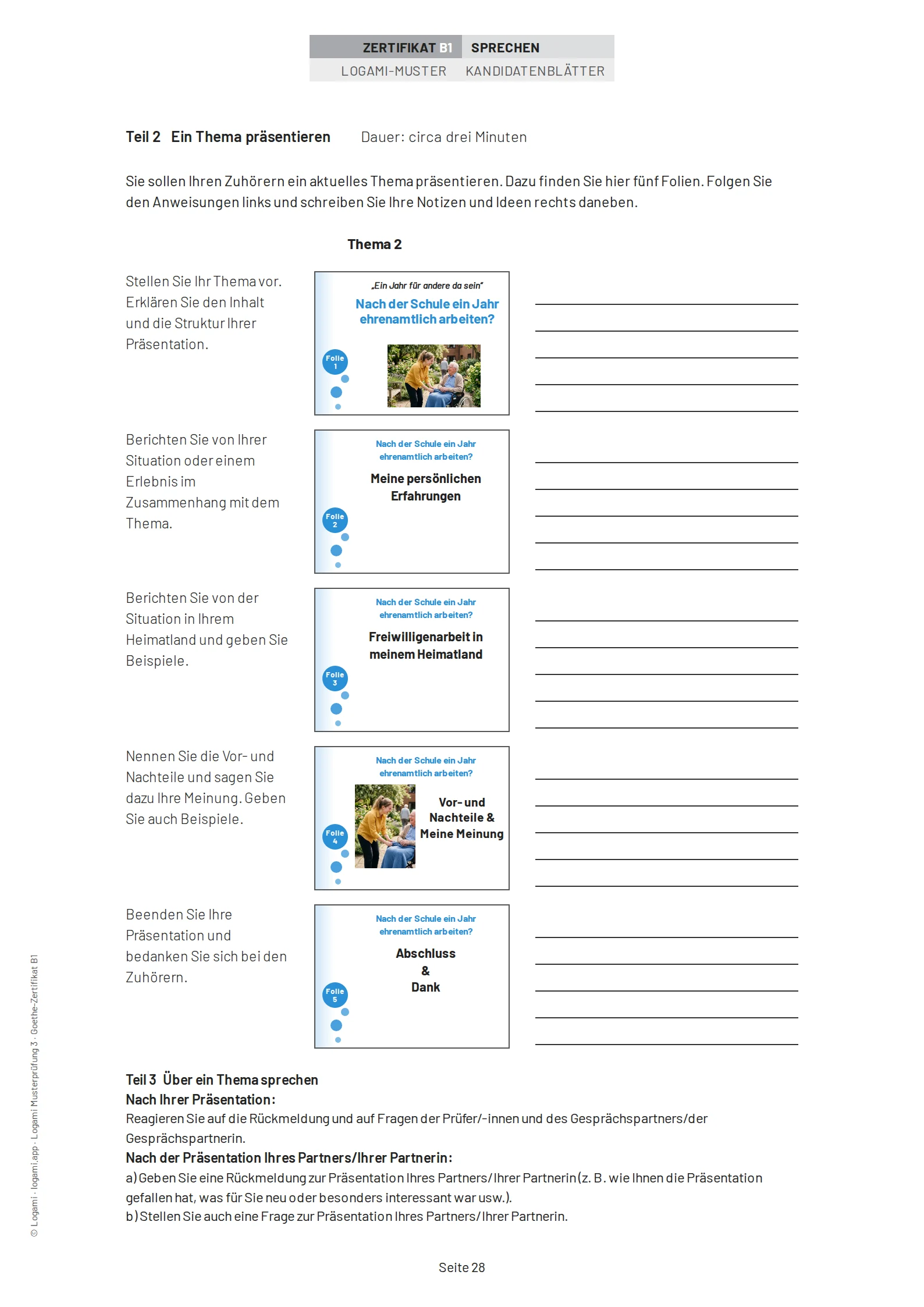 Teil 2 Thema 2: five presentation slides on "Nach der Schule ein Jahr ehrenamtlich arbeiten?", with the Teil 3 instructions