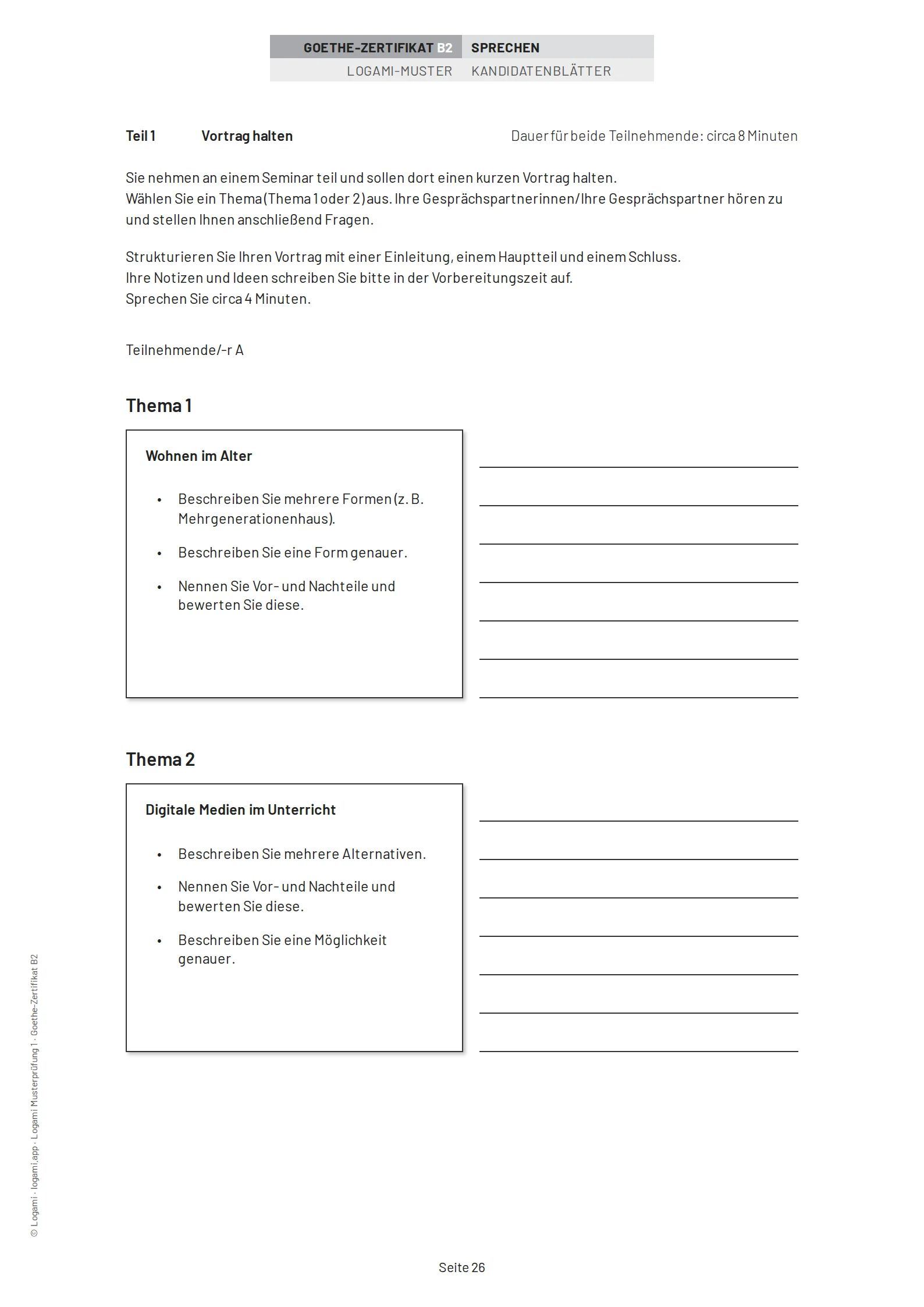 Teil 1 Vortrag halten, candidate A: choose between "Wohnen im Alter" and "Digitale Medien im Unterricht"