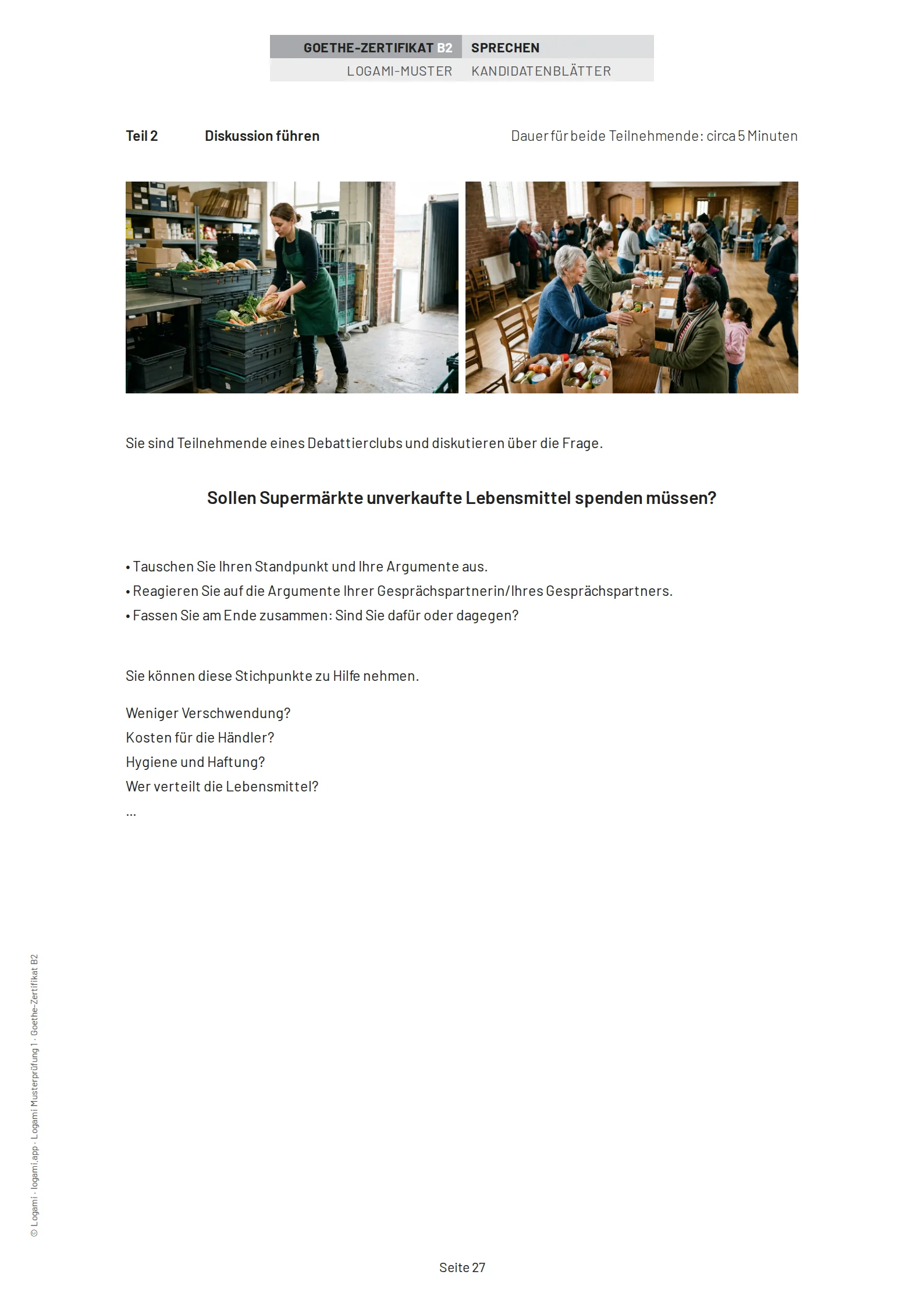 Teil 2 Diskussion führen: "Sollen Supermärkte unverkaufte Lebensmittel spenden müssen?" with two photos and prompts