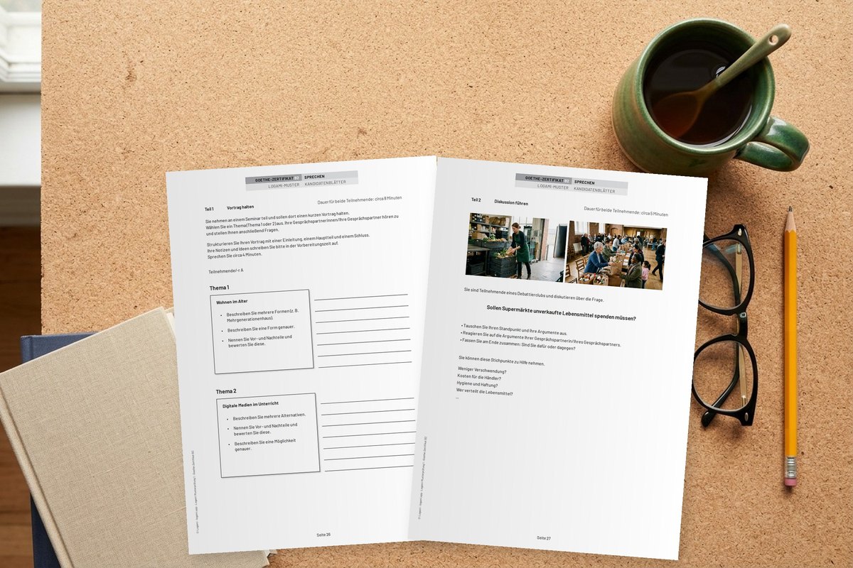 Goethe-Zertifikat B2 speaking sheets with presentation topics and a discussion question lying on a desk