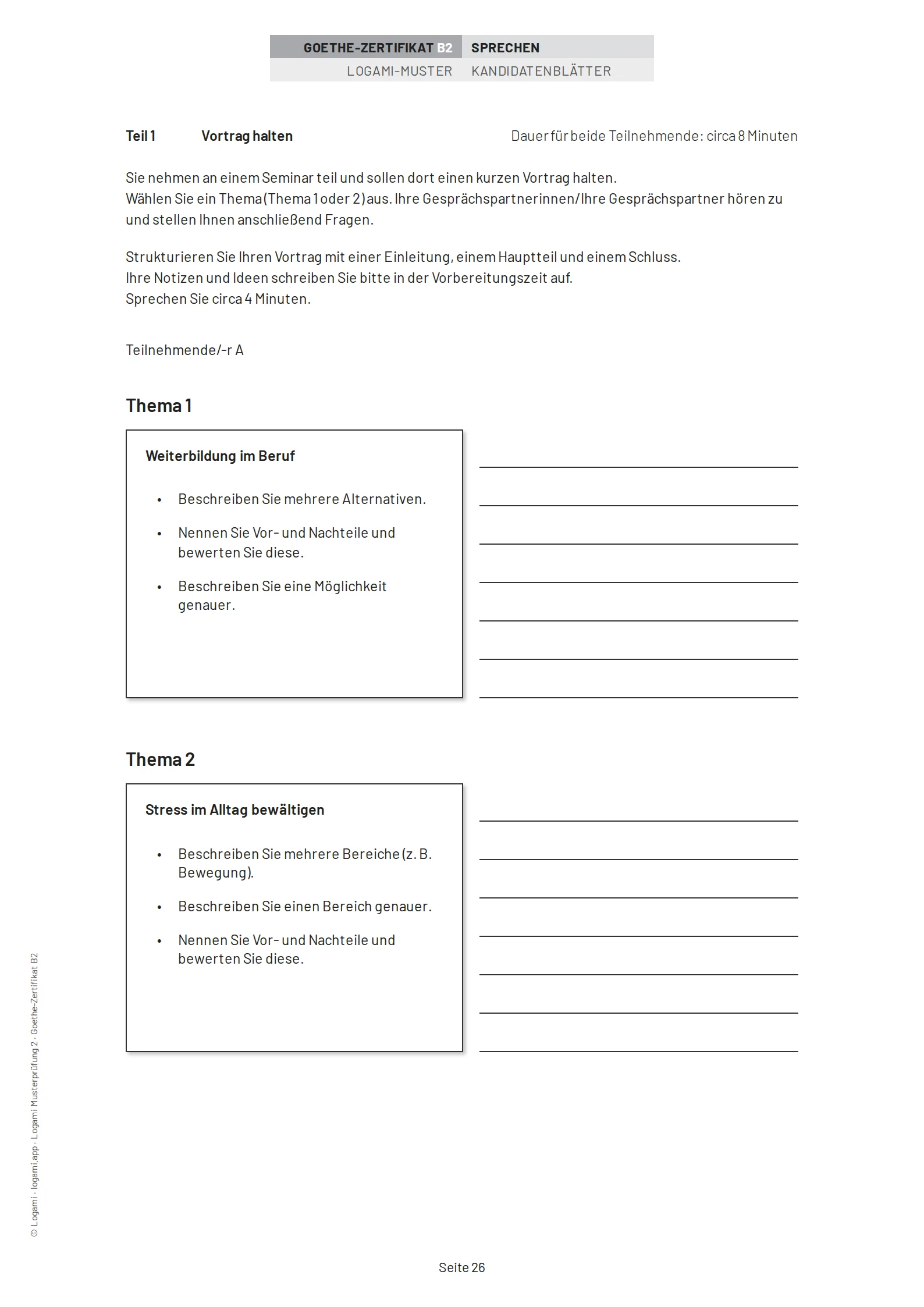 Teil 1 Vortrag halten, candidate A: choose between "Weiterbildung im Beruf" and "Stress im Alltag bewältigen"