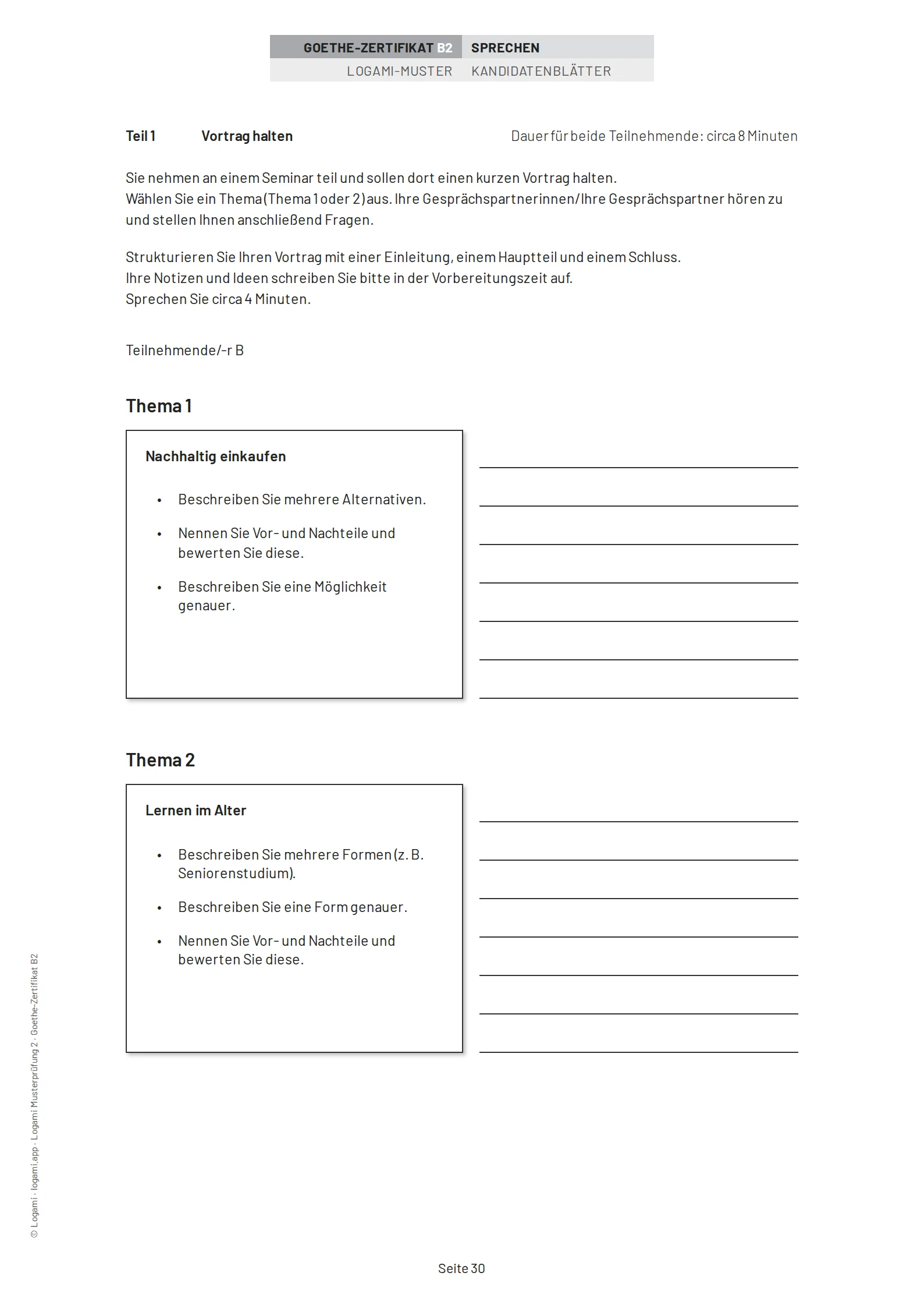 Teil 1 Vortrag halten, candidate B: choose between "Nachhaltig einkaufen" and "Lernen im Alter"