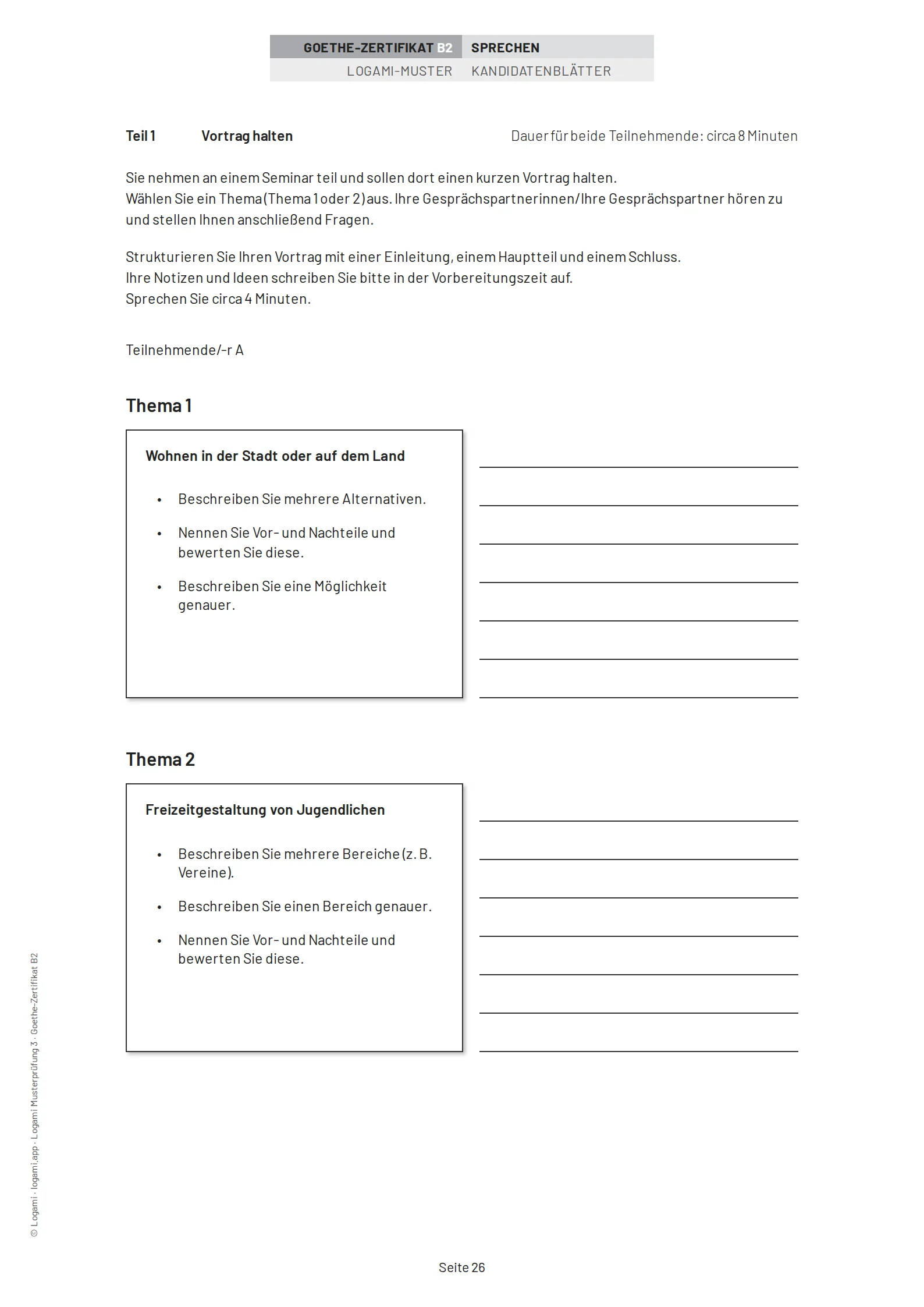 Teil 1 Vortrag halten, candidate A: choose between "Wohnen in der Stadt oder auf dem Land" and "Freizeitgestaltung von Jugendlichen"