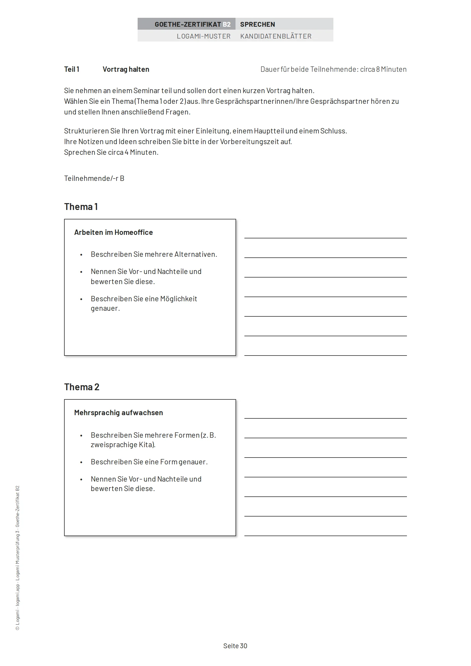 Teil 1 Vortrag halten, candidate B: choose between "Arbeiten im Homeoffice" and "Mehrsprachig aufwachsen"