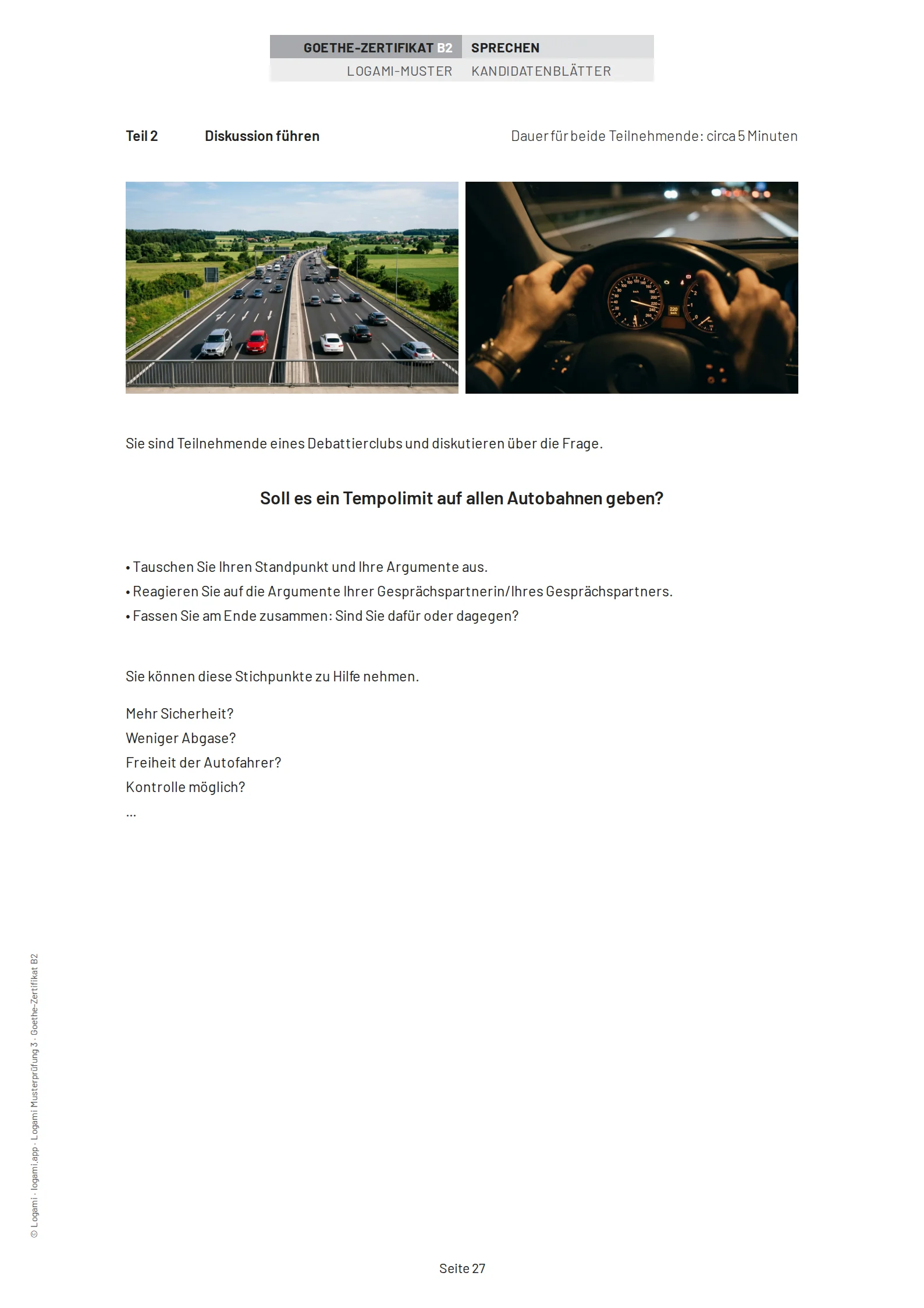 Teil 2 Diskussion führen: "Soll es ein Tempolimit auf allen Autobahnen geben?" with two photos and prompts