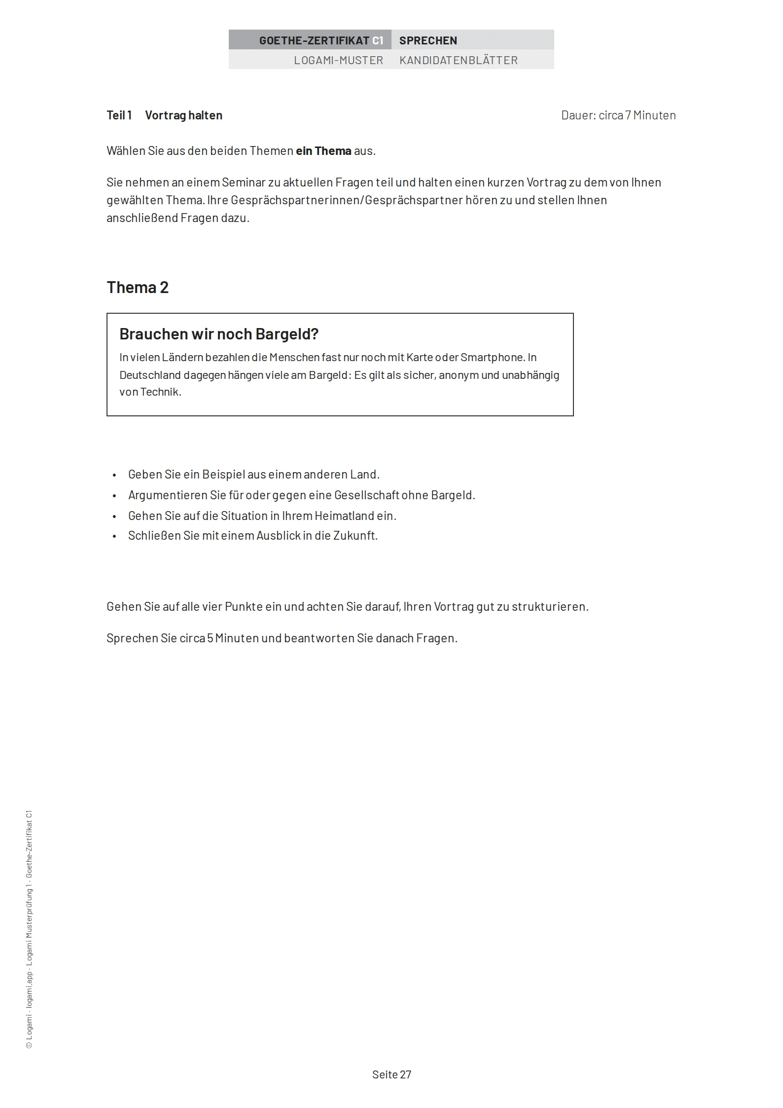 Teil 1 Vortrag halten, Thema 2: "Brauchen wir noch Bargeld?"