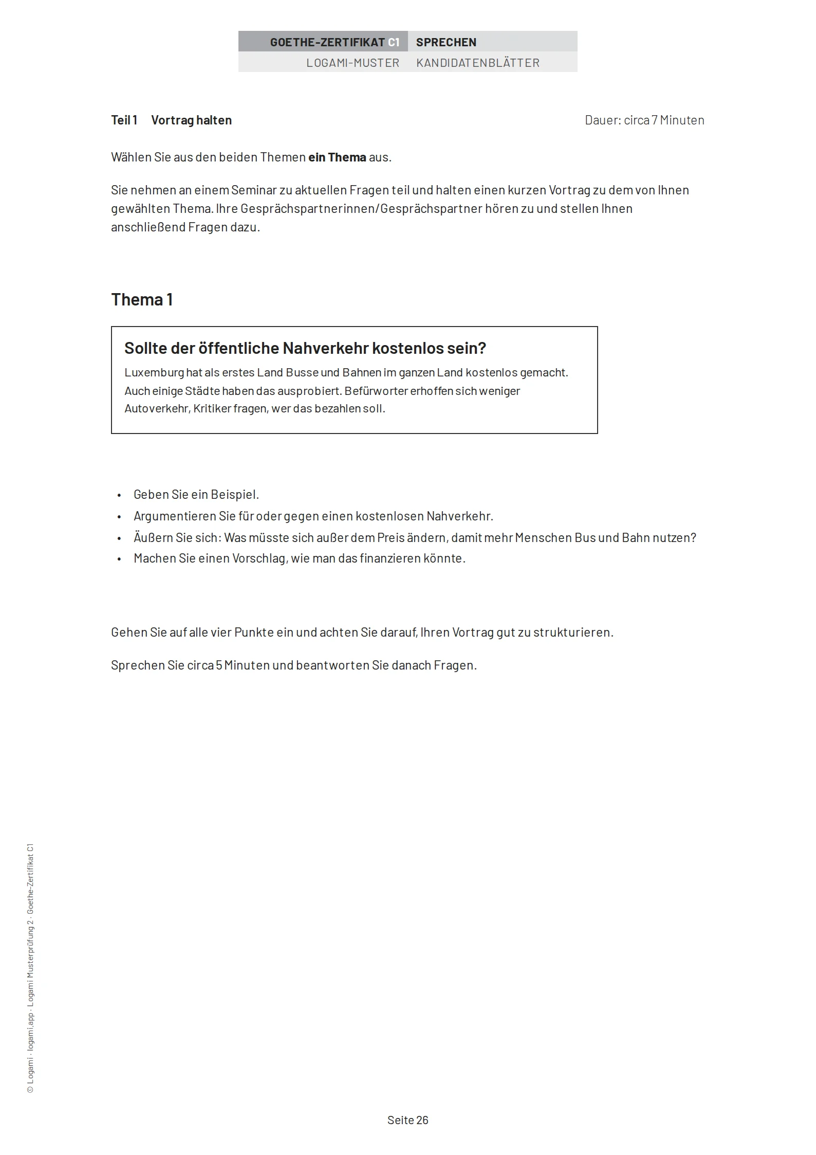 Teil 1 Vortrag halten, Thema 1: "Sollte der öffentliche Nahverkehr kostenlos sein?"