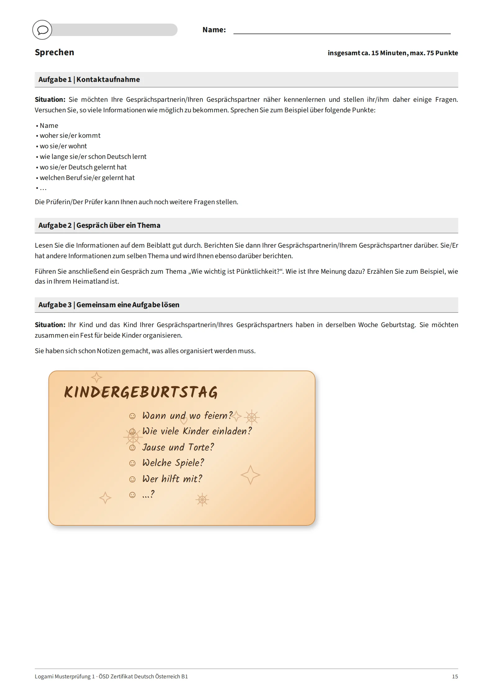 Task sheet with Aufgabe 1 Kontaktaufnahme, Aufgabe 2 "Wie wichtig ist Pünktlichkeit?" and the Aufgabe 3 note: a joint children's birthday party