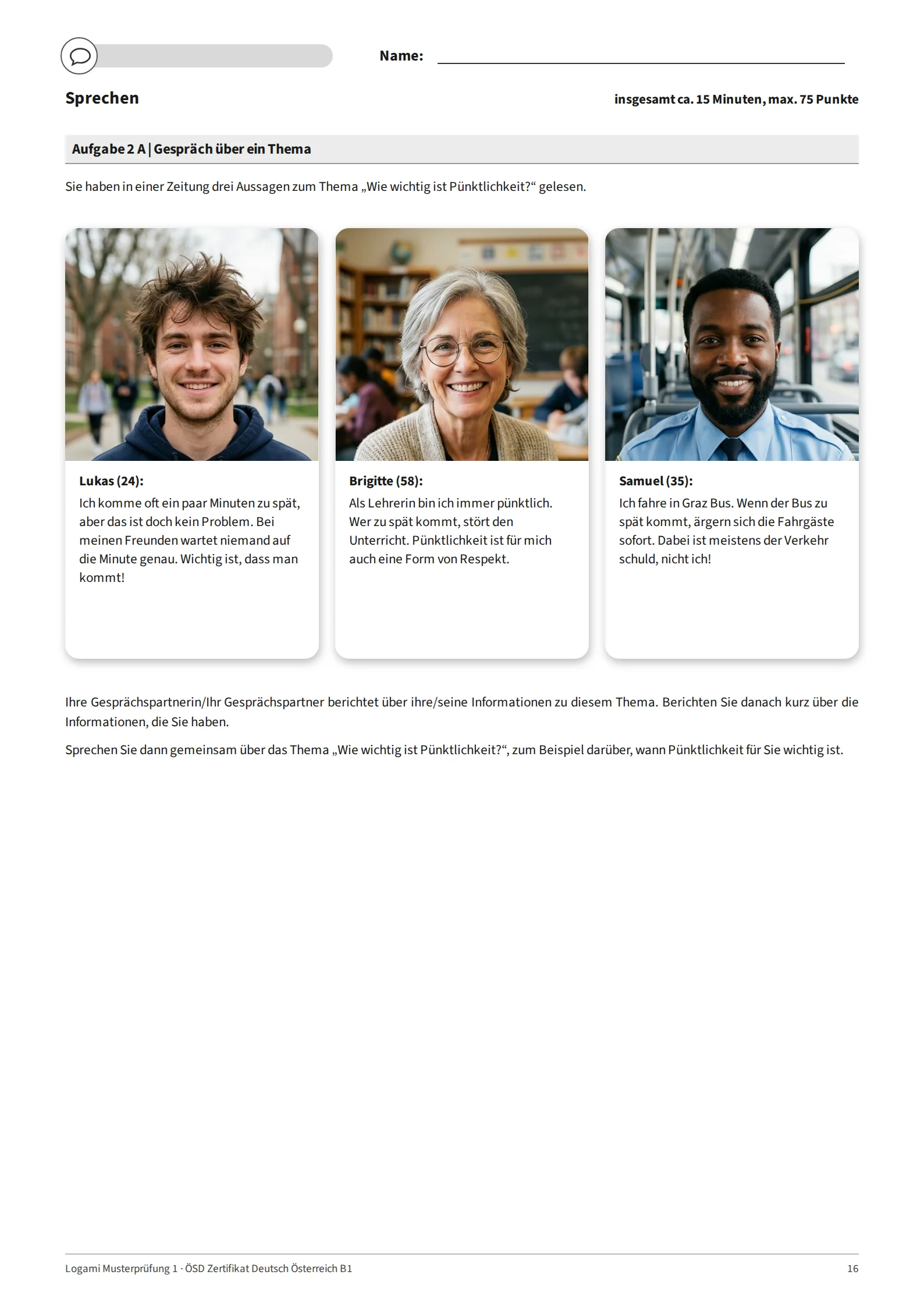 Aufgabe 2 A: three short statements on "Wie wichtig ist Pünktlichkeit?" with portraits