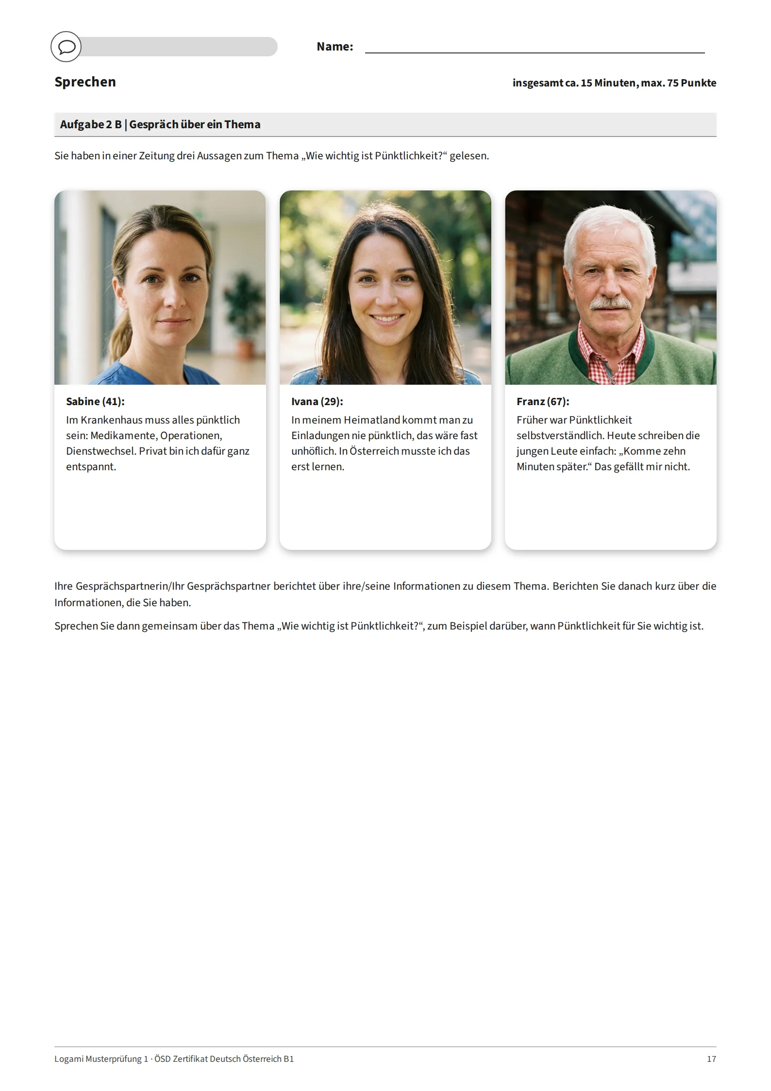 Aufgabe 2 B: three other statements on "Wie wichtig ist Pünktlichkeit?" with portraits