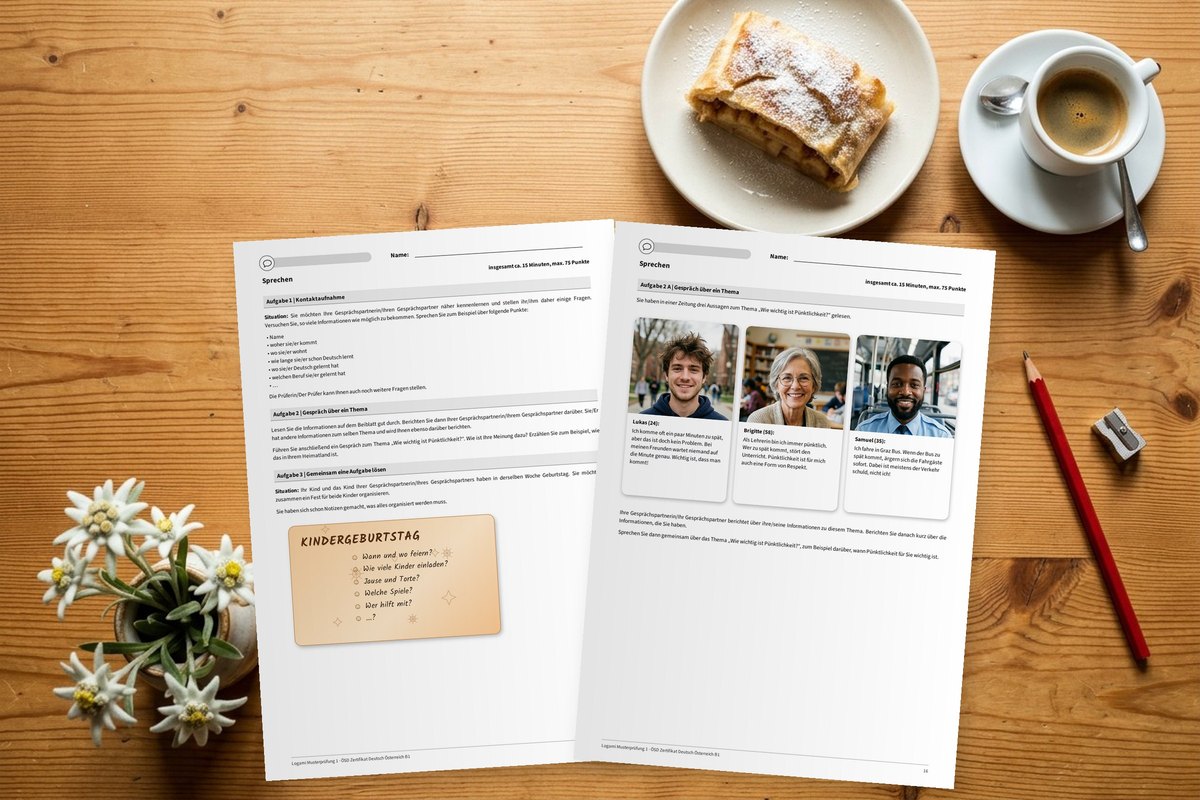 ÖSD B1 speaking sheets with a note card and three portraits lying on a desk