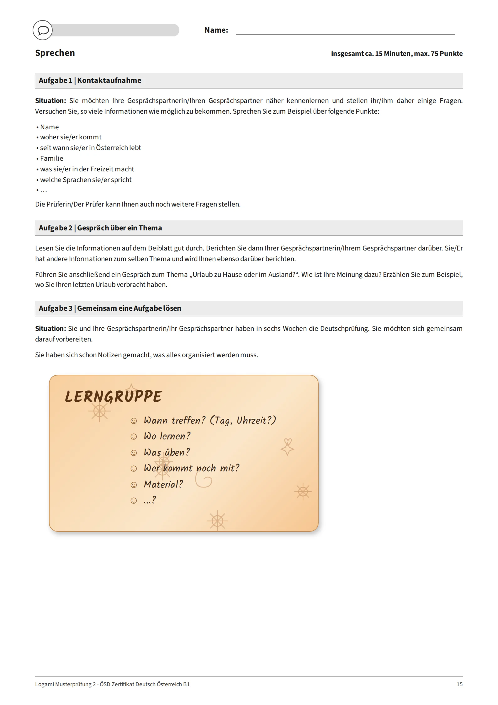 Task sheet with Aufgabe 1 Kontaktaufnahme, Aufgabe 2 "Urlaub zu Hause oder im Ausland?" and the Aufgabe 3 note: a study group for the exam