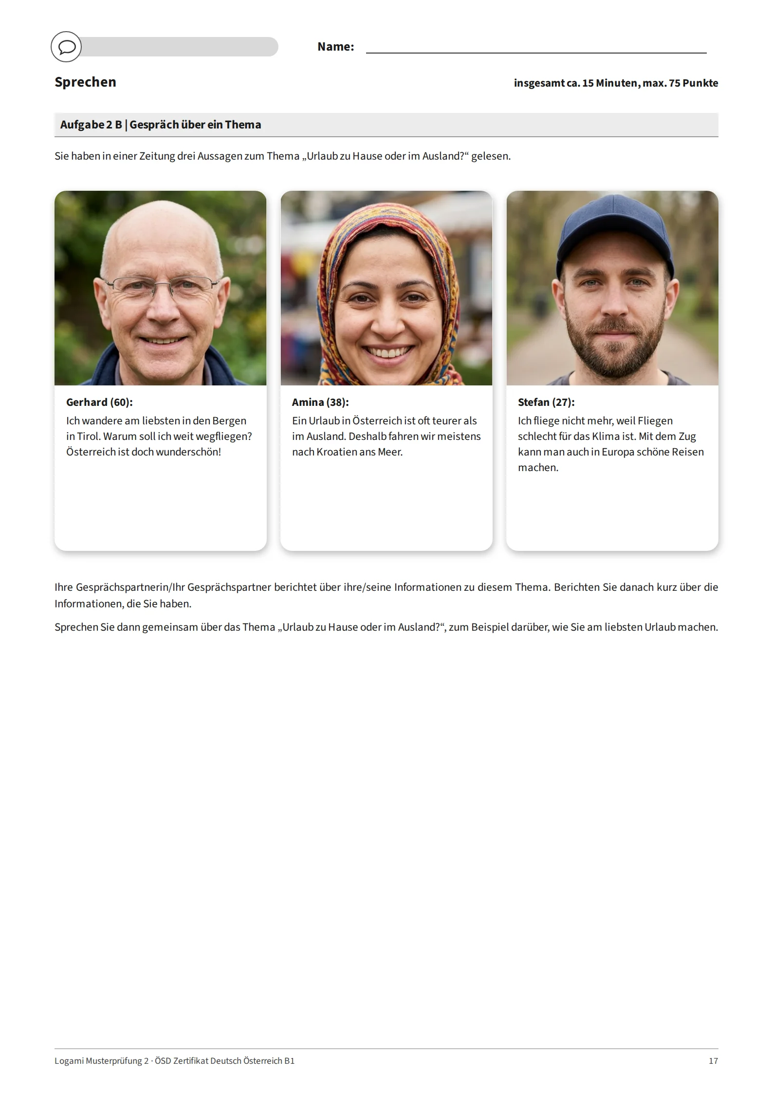 Aufgabe 2 B: three other statements on "Urlaub zu Hause oder im Ausland?" with portraits