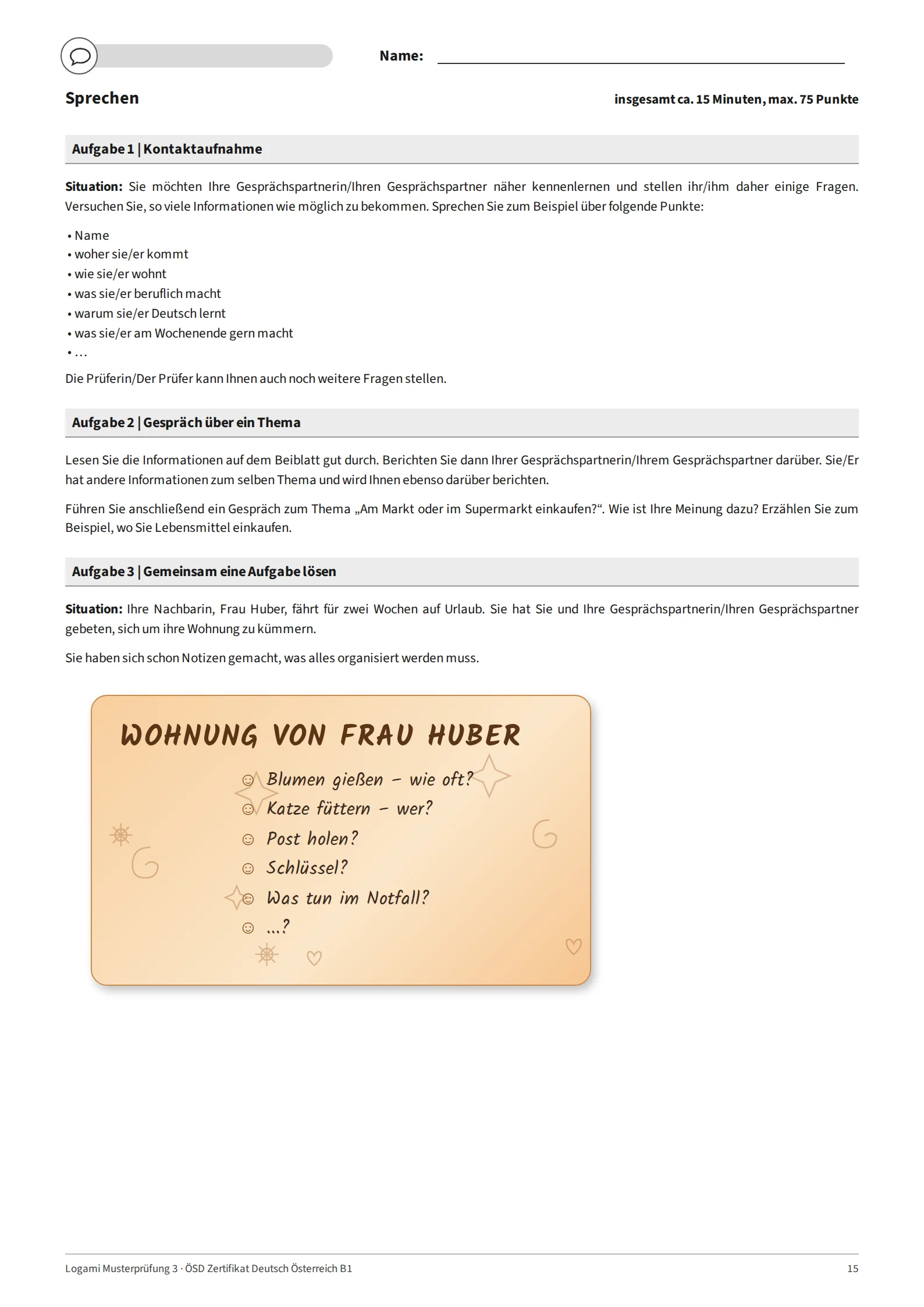 Task sheet with Aufgabe 1 Kontaktaufnahme, Aufgabe 2 "Am Markt oder im Supermarkt einkaufen?" and the Aufgabe 3 note: look after a neighbour's flat