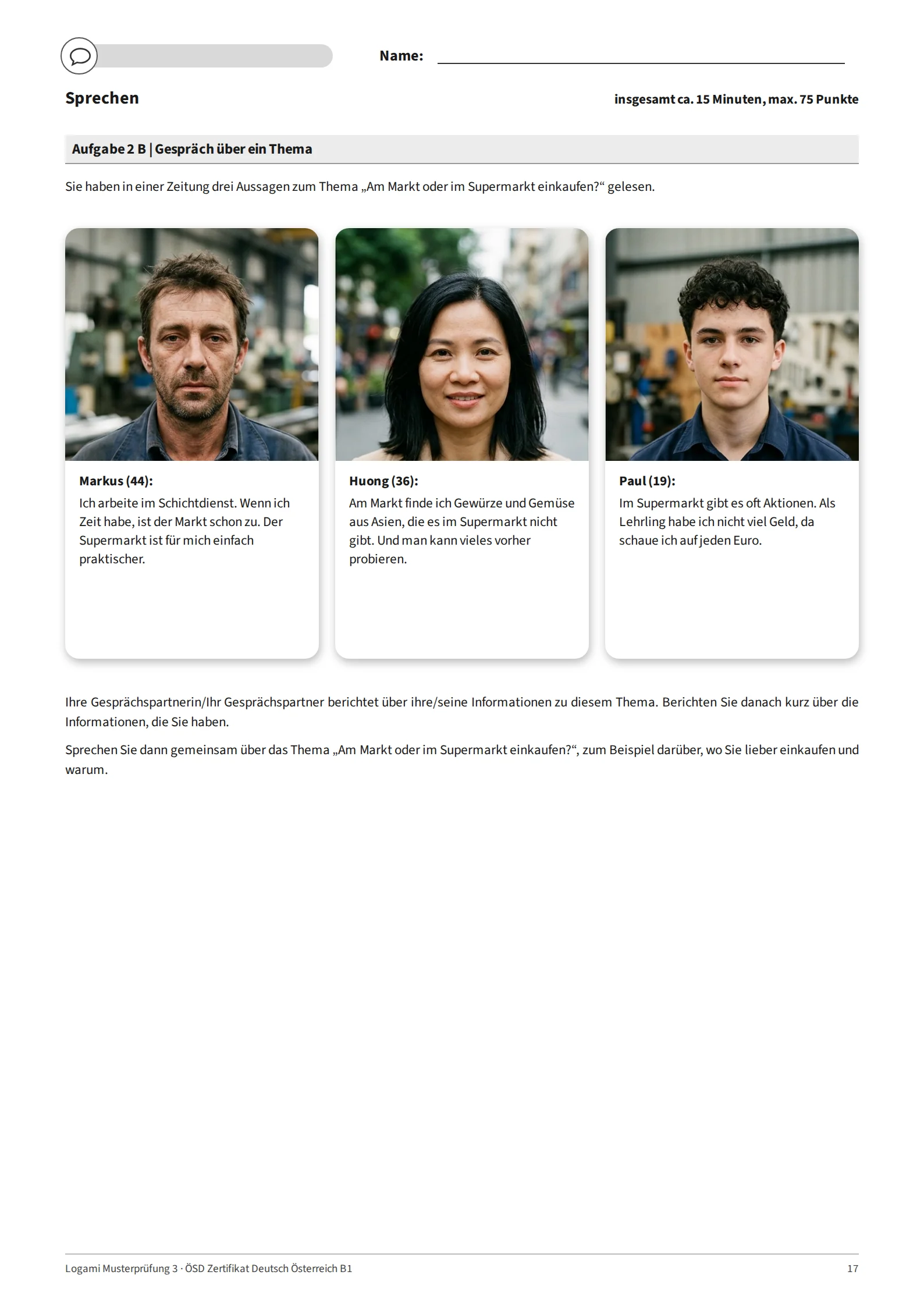 Aufgabe 2 B: three other statements on "Am Markt oder im Supermarkt einkaufen?" with portraits