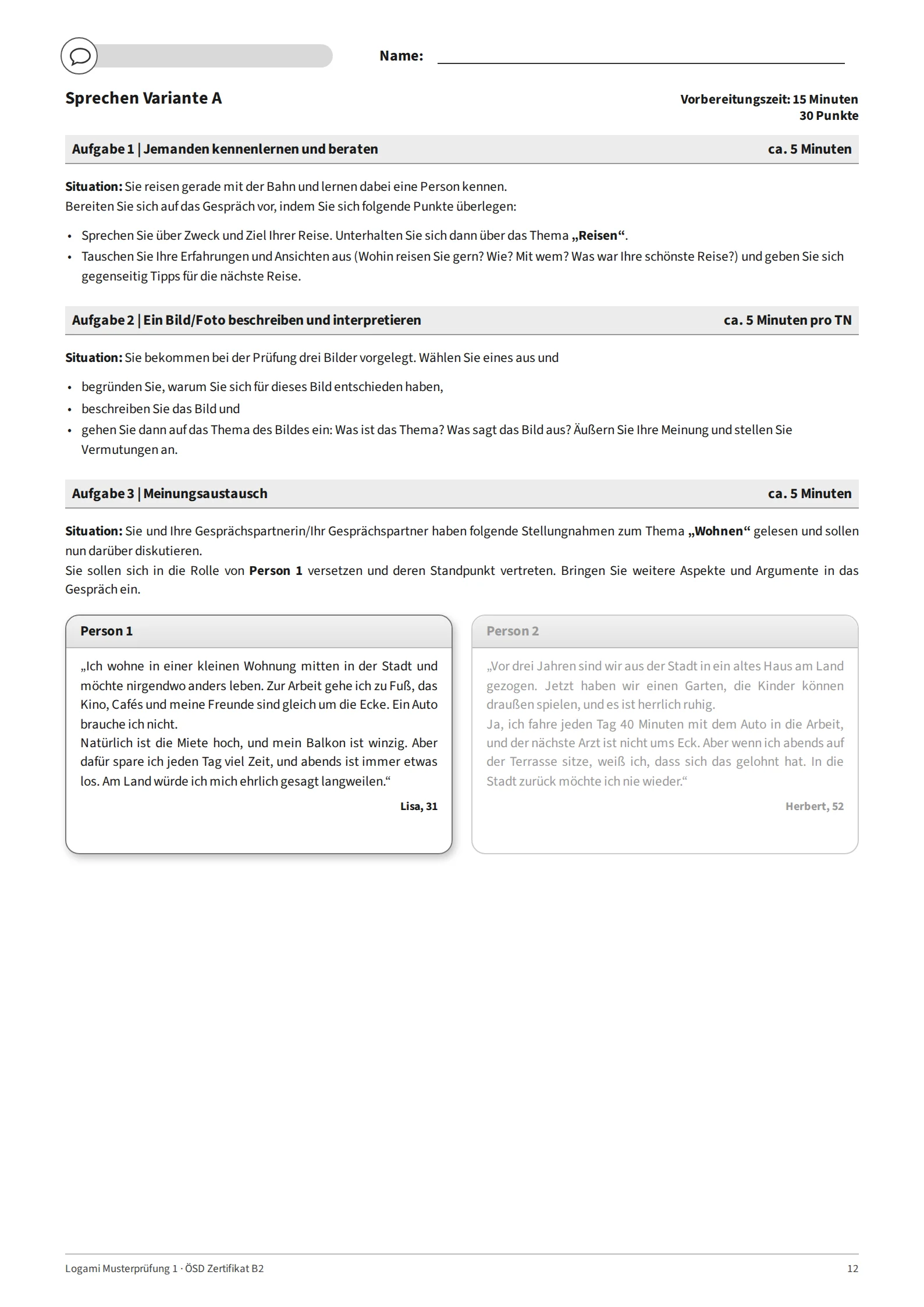 Variante A: Aufgabe 1 "Reisen", Aufgabe 2 instructions, Aufgabe 3 "Wohnen" with Person 1 highlighted
