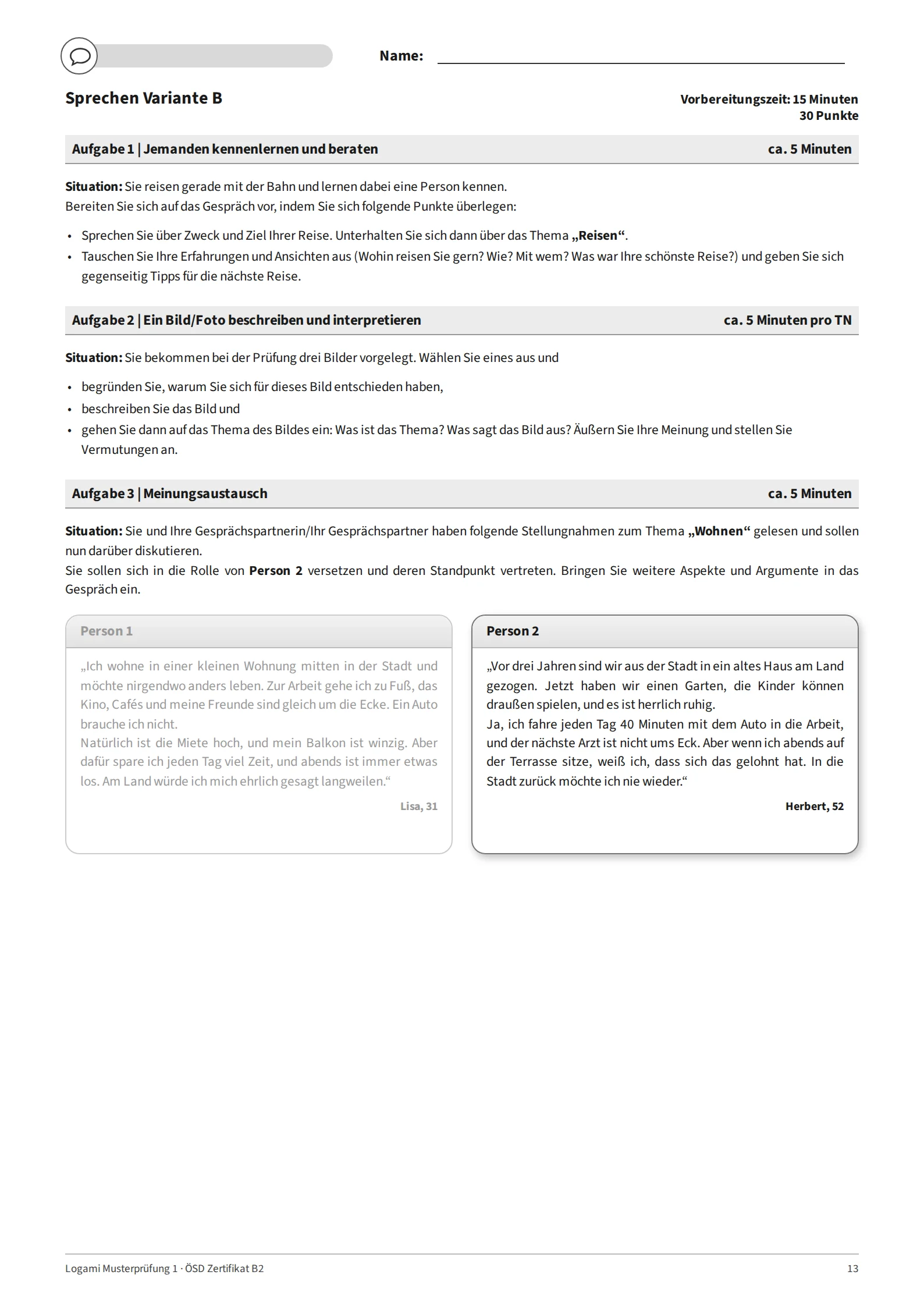 Variante B: the same tasks with Person 2 highlighted in Aufgabe 3
