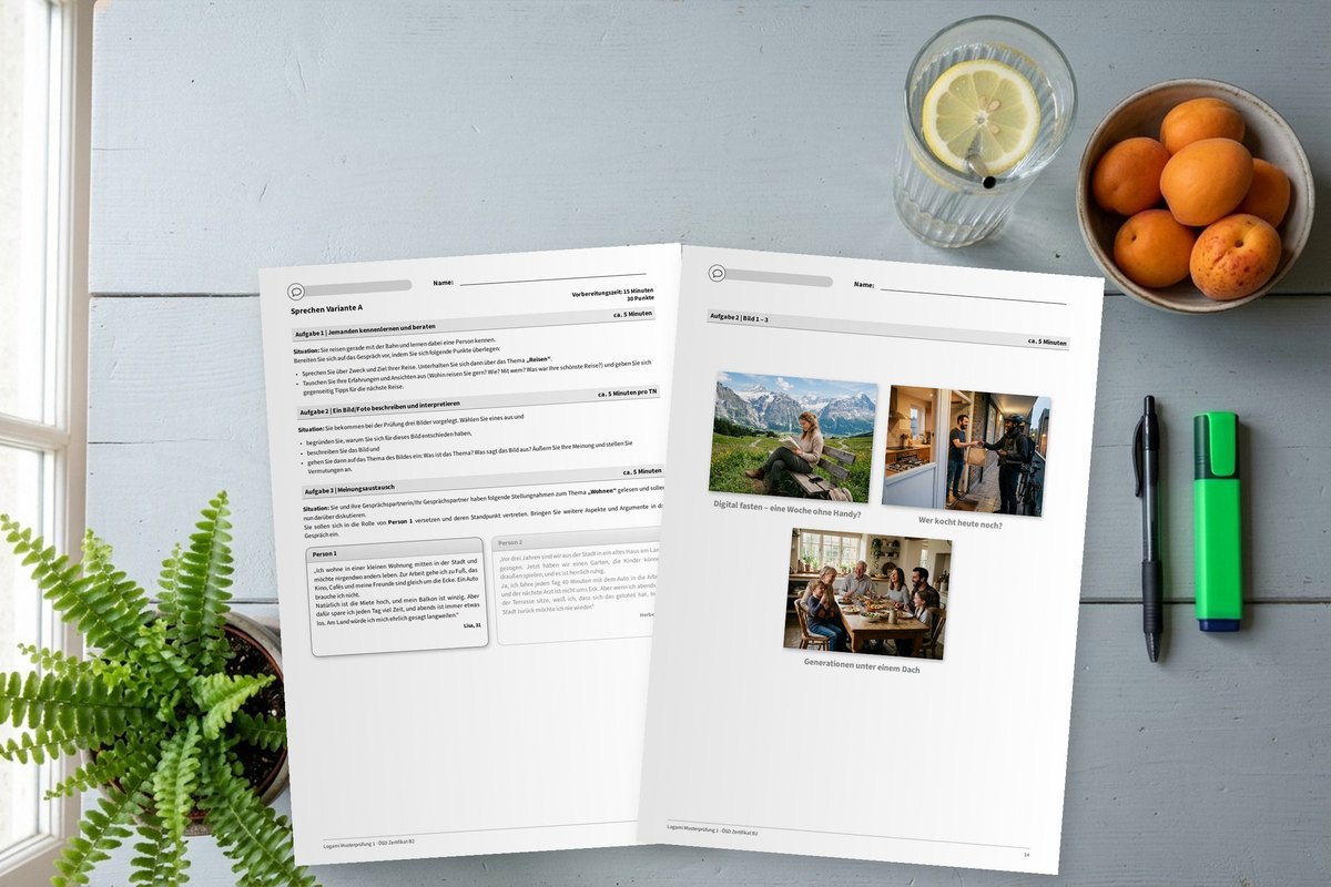 ÖSD B2 speaking task sheet and photo page lying on a desk