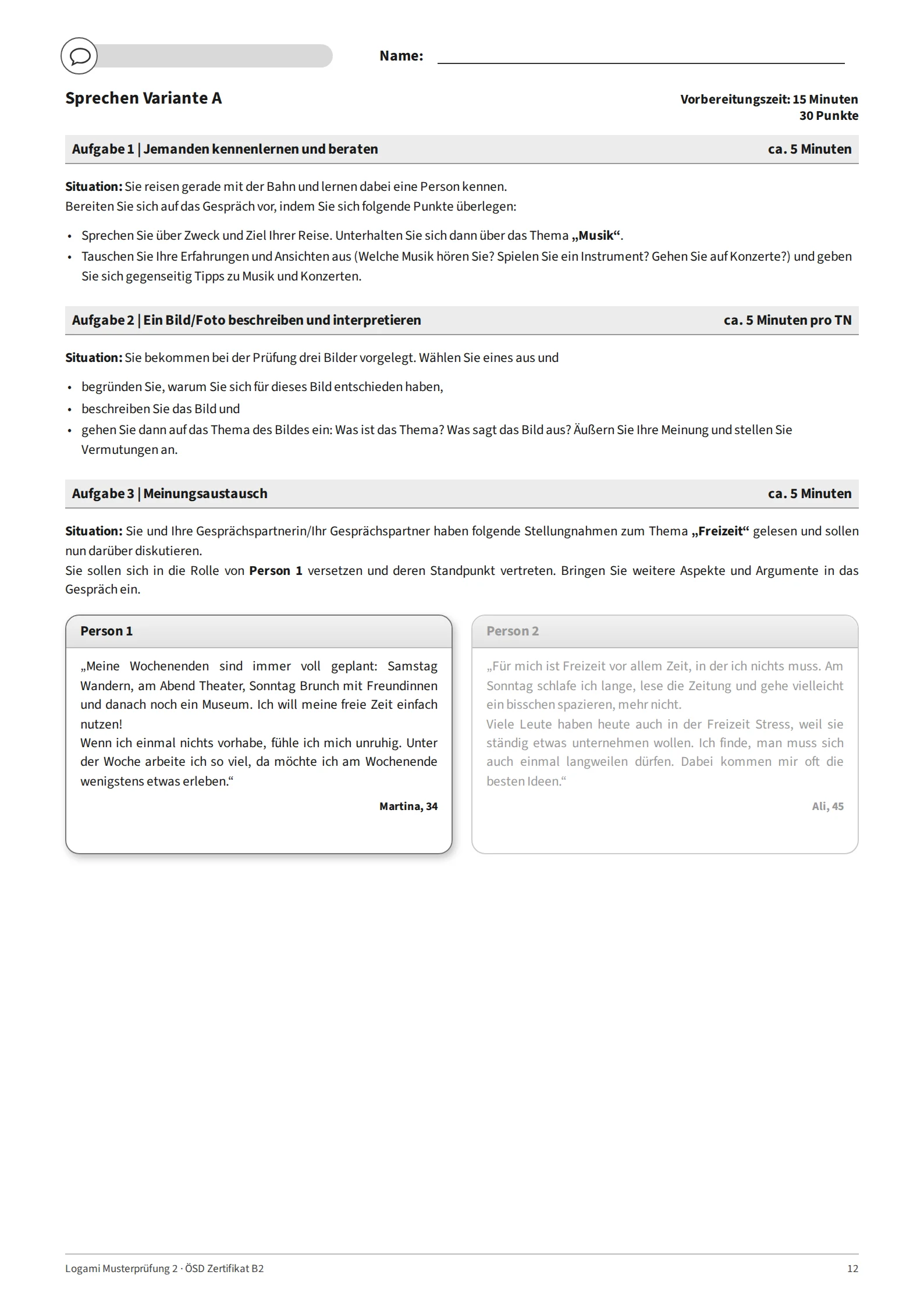 Variante A: Aufgabe 1 "Musik", Aufgabe 2 instructions, Aufgabe 3 "Freizeit" with Person 1 highlighted
