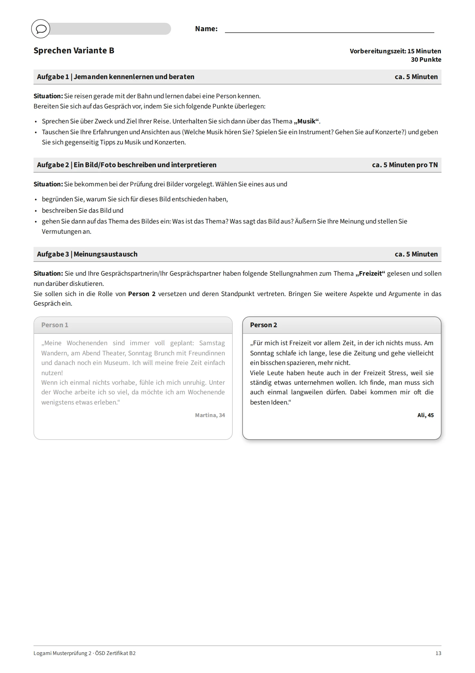 Variante B: the same tasks with Person 2 highlighted in Aufgabe 3