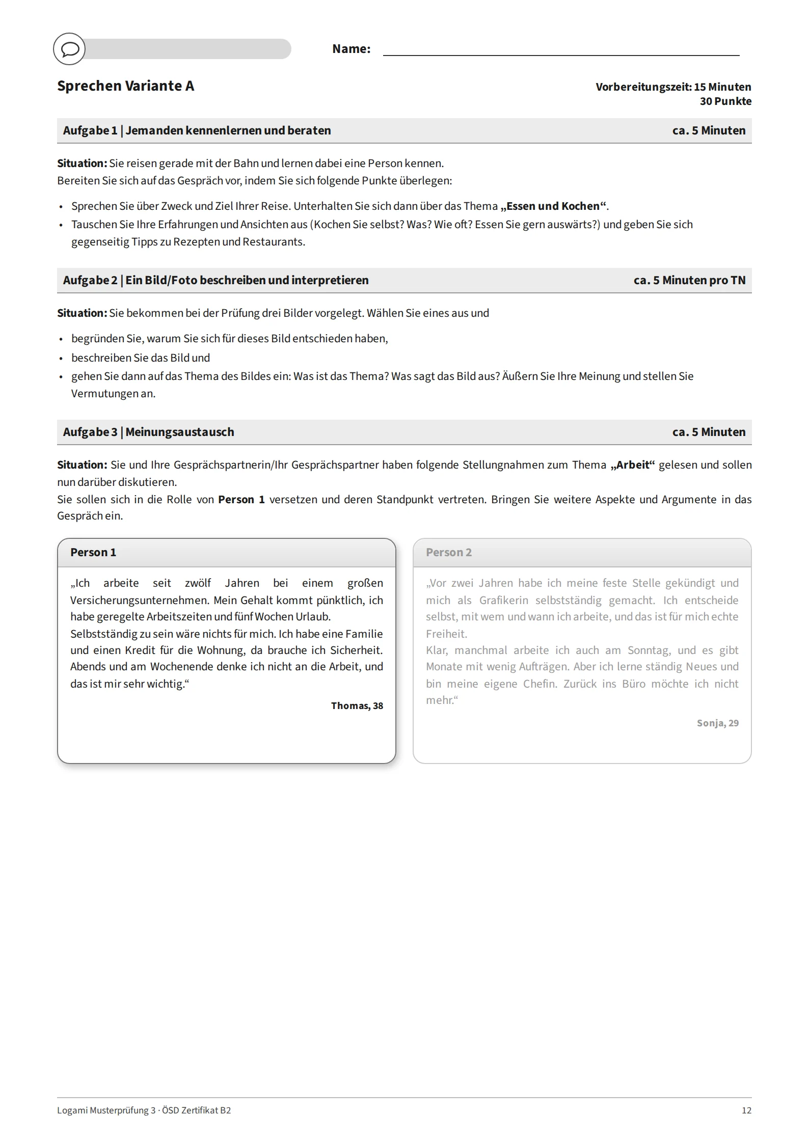 Variante A: Aufgabe 1 "Essen und Kochen", Aufgabe 2 instructions, Aufgabe 3 "Arbeit" with Person 1 highlighted