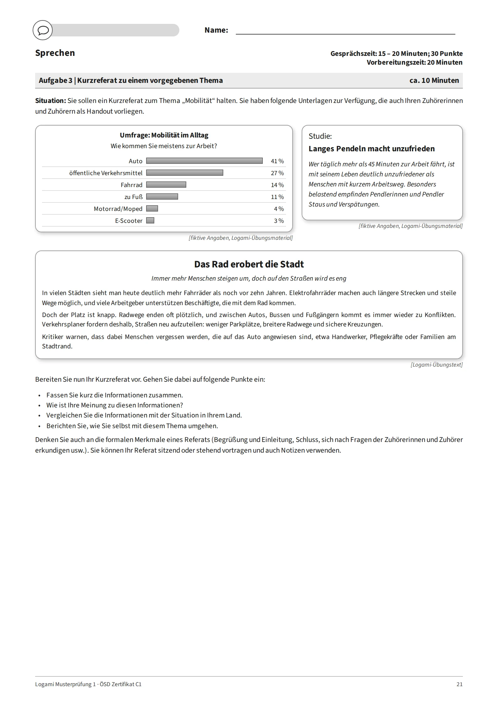 Aufgabe 3: short talk on "Mobilität" with a chart, a short study and an article (fictional data)