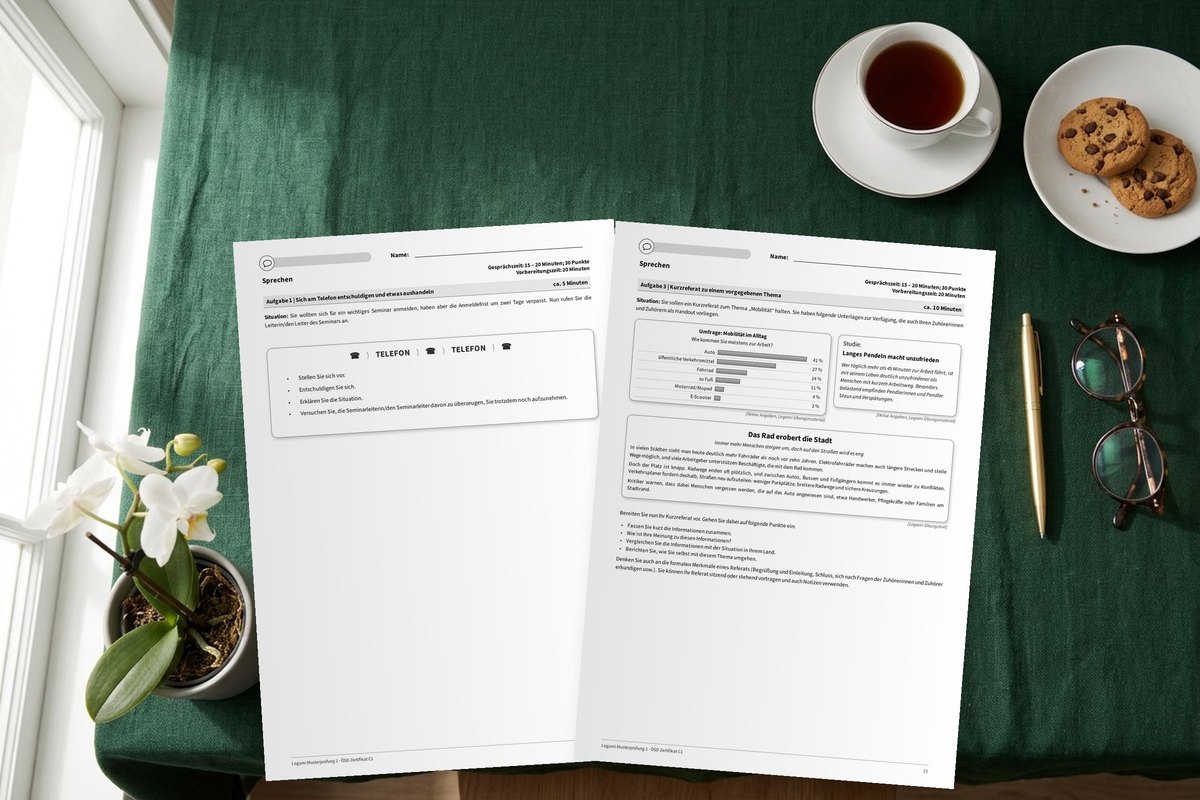 ÖSD C1 speaking sheets with a telephone task and short-talk handouts lying on a desk