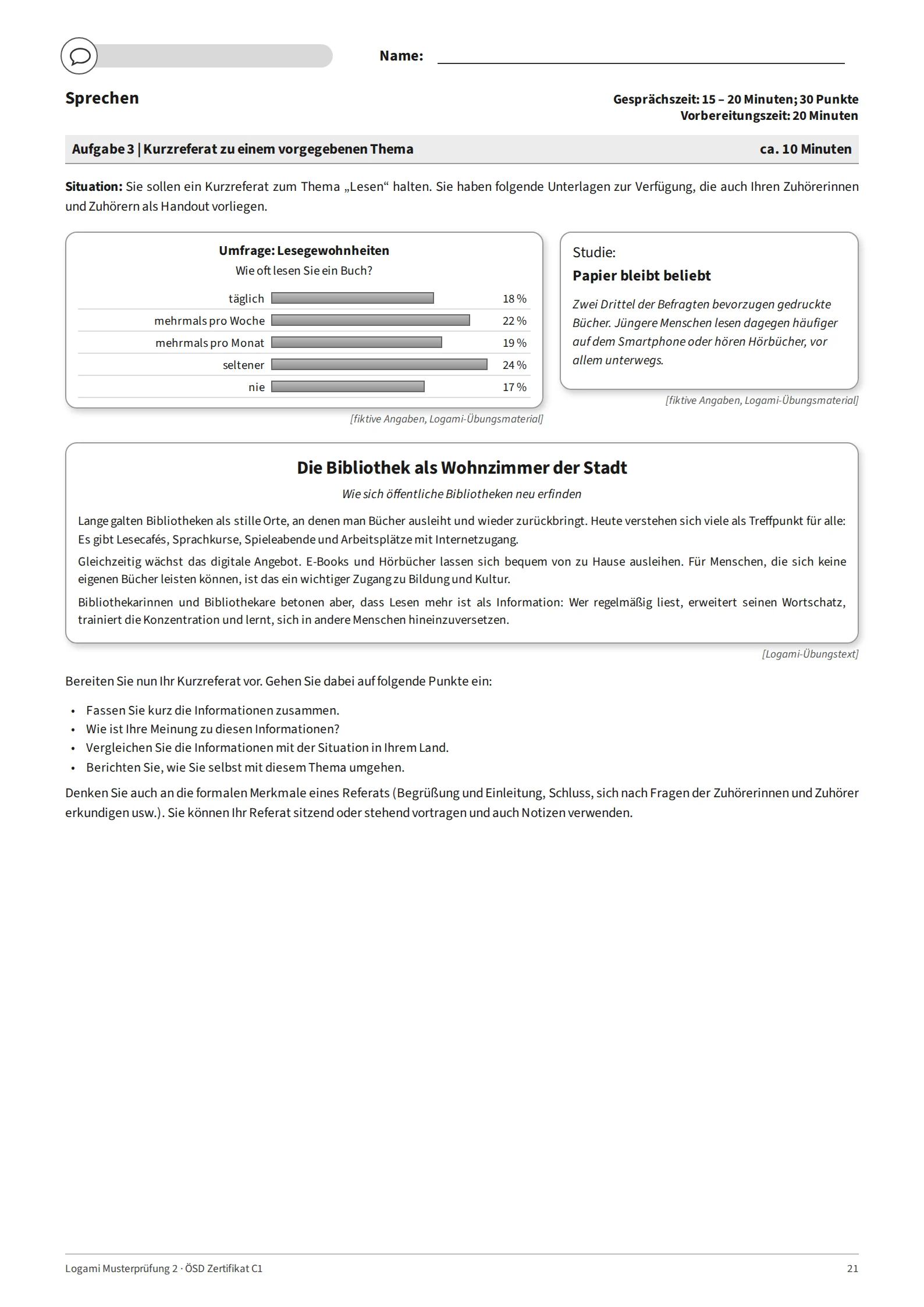 Aufgabe 3: short talk on "Lesen" with a chart, a short study and an article (fictional data)