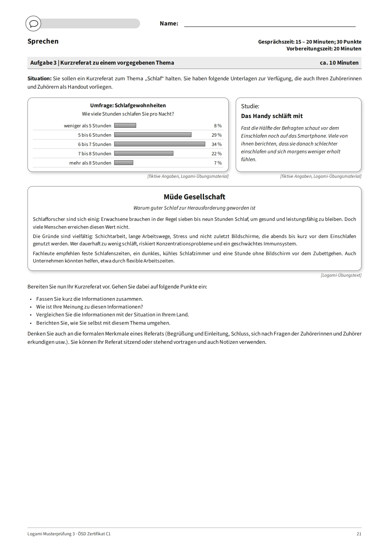 Aufgabe 3: short talk on "Schlaf" with a chart, a short study and an article (fictional data)