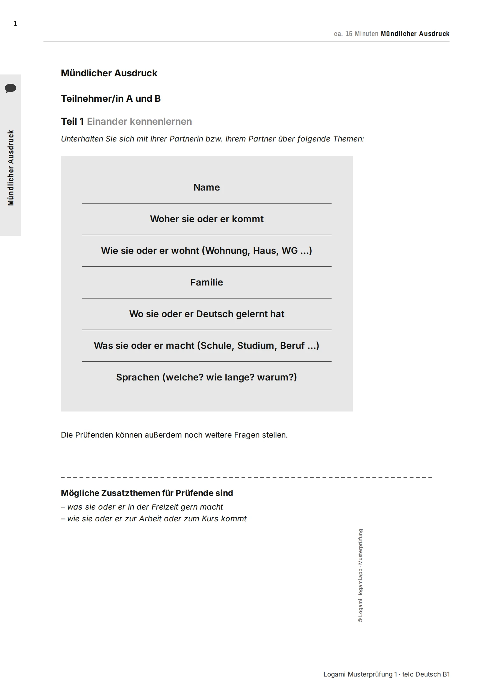 Teil 1 Einander kennenlernen: topic list for both candidates