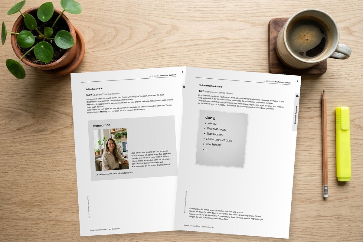 telc B1 oral exam sample sheets for Teil 2 and Teil 3 lying on a desk