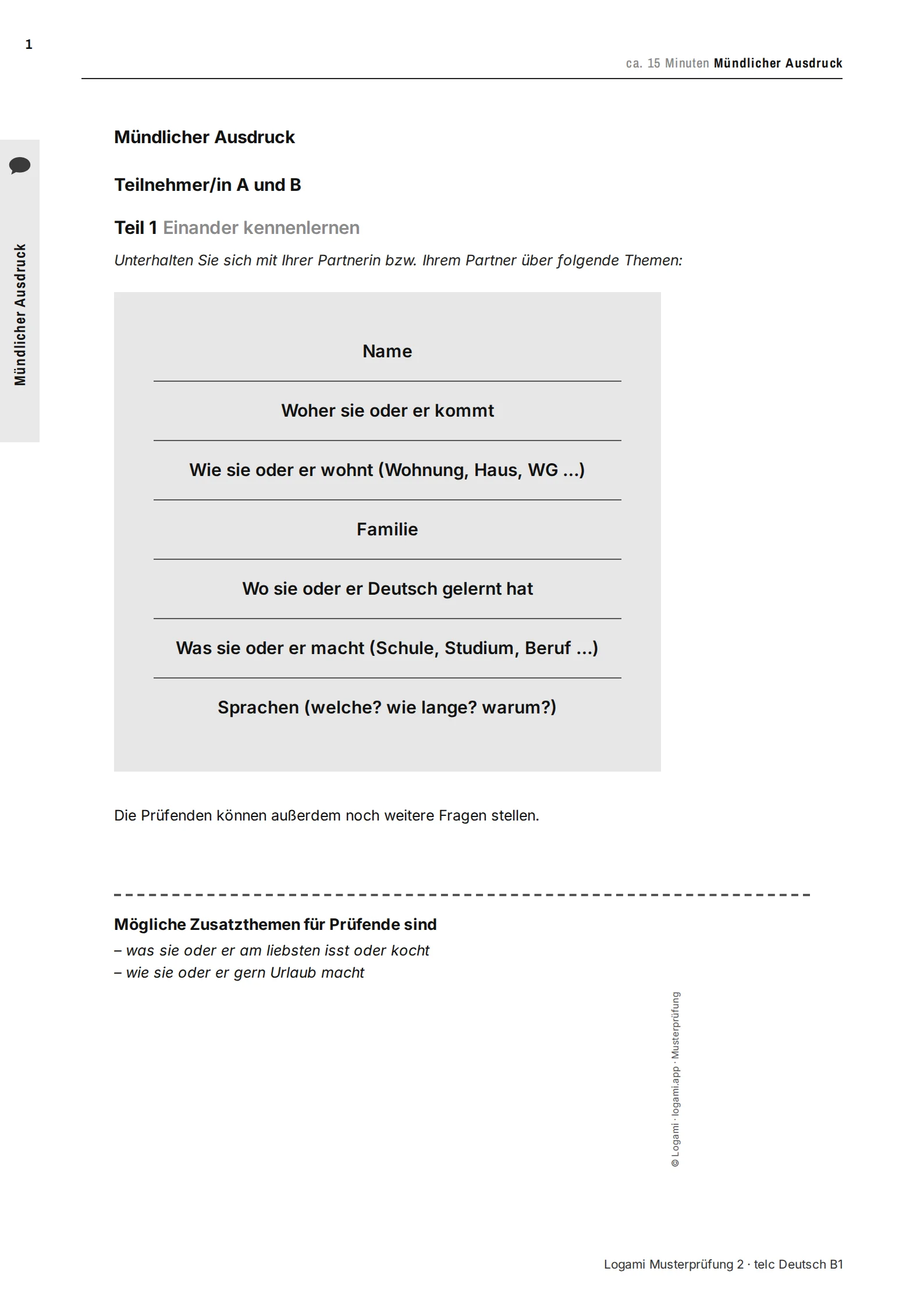 Teil 1 Einander kennenlernen: topic list for both candidates