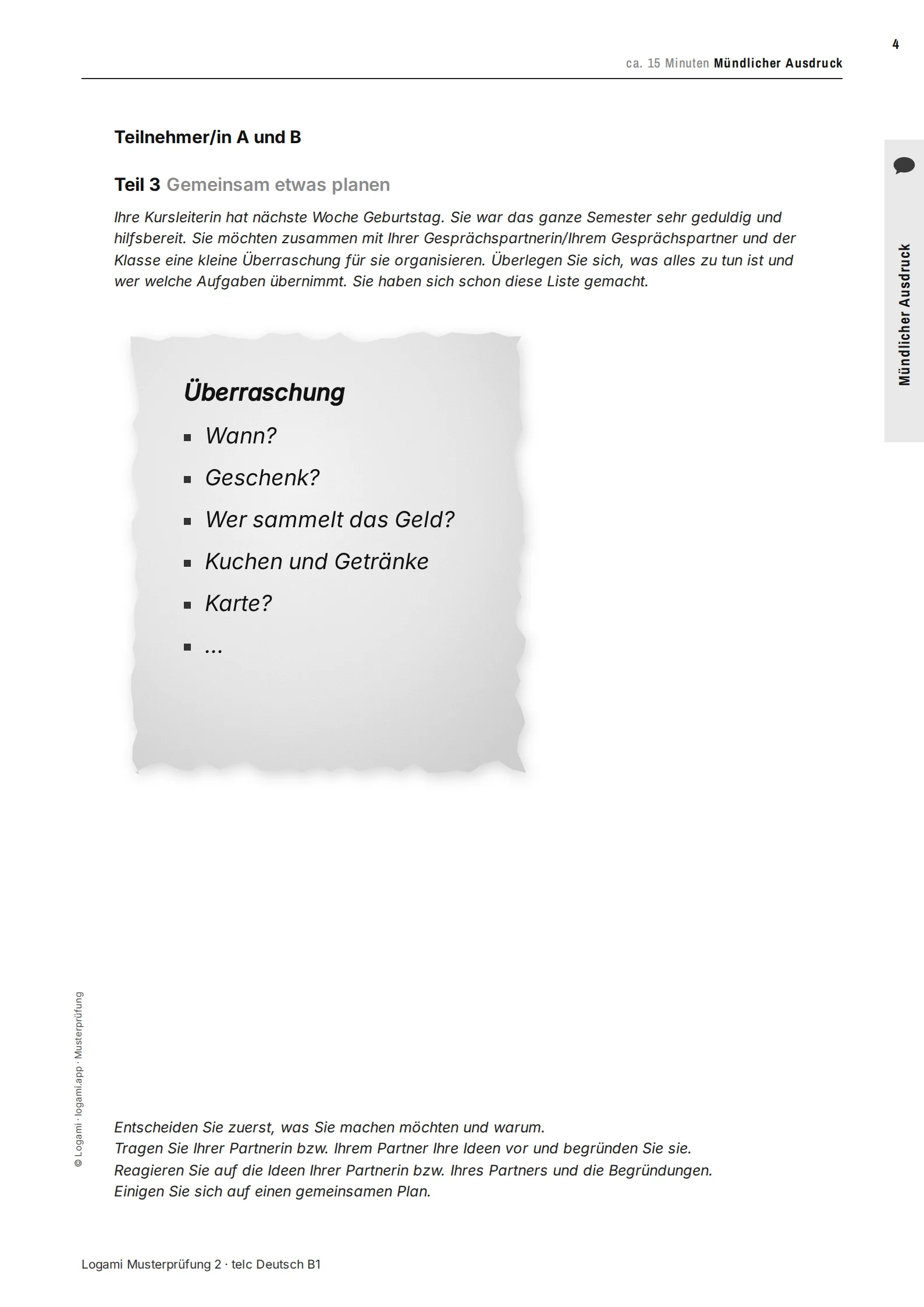 Teil 3 Gemeinsam etwas planen: note for a birthday surprise for the course teacher