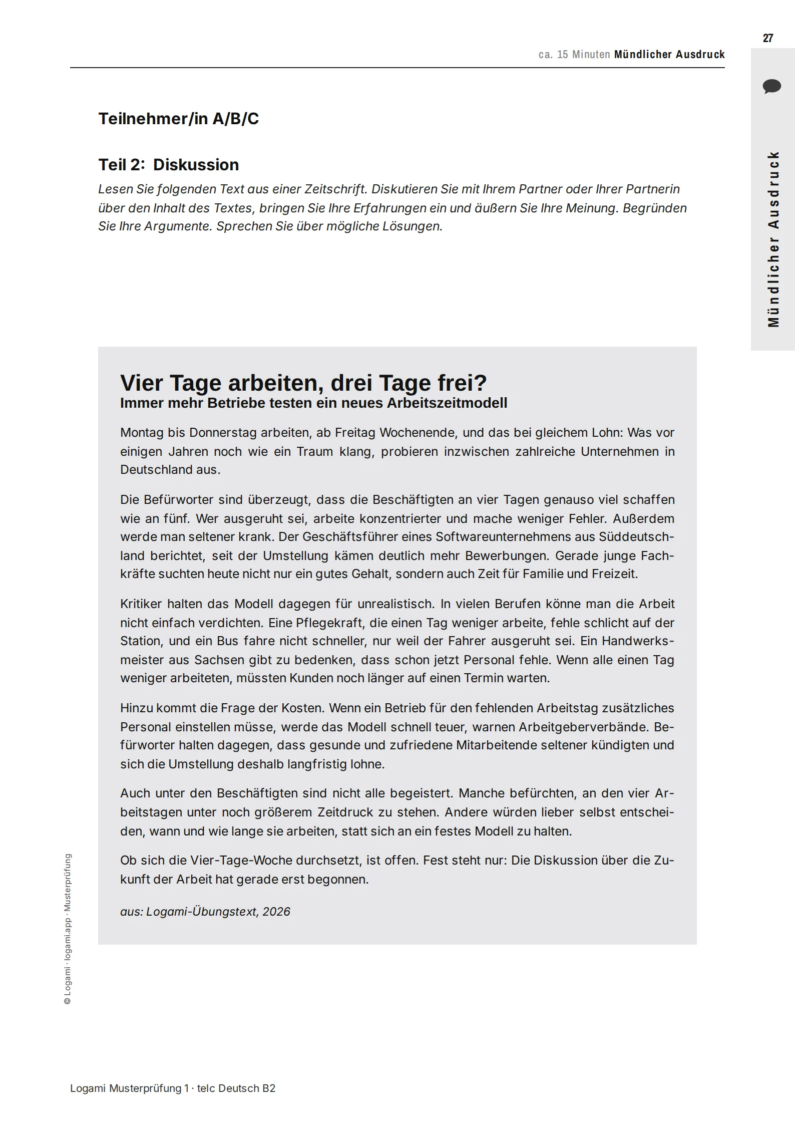 Teil 2 Diskussion: magazine article "Vier Tage arbeiten, drei Tage frei?"