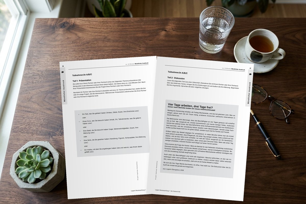 telc B2 oral exam sample sheets for the presentation and the discussion lying on a desk