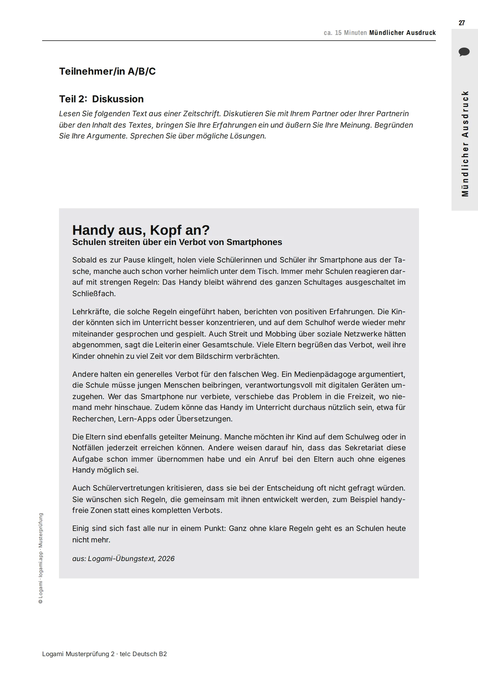 Teil 2 Diskussion: magazine article "Handy aus, Kopf an?"