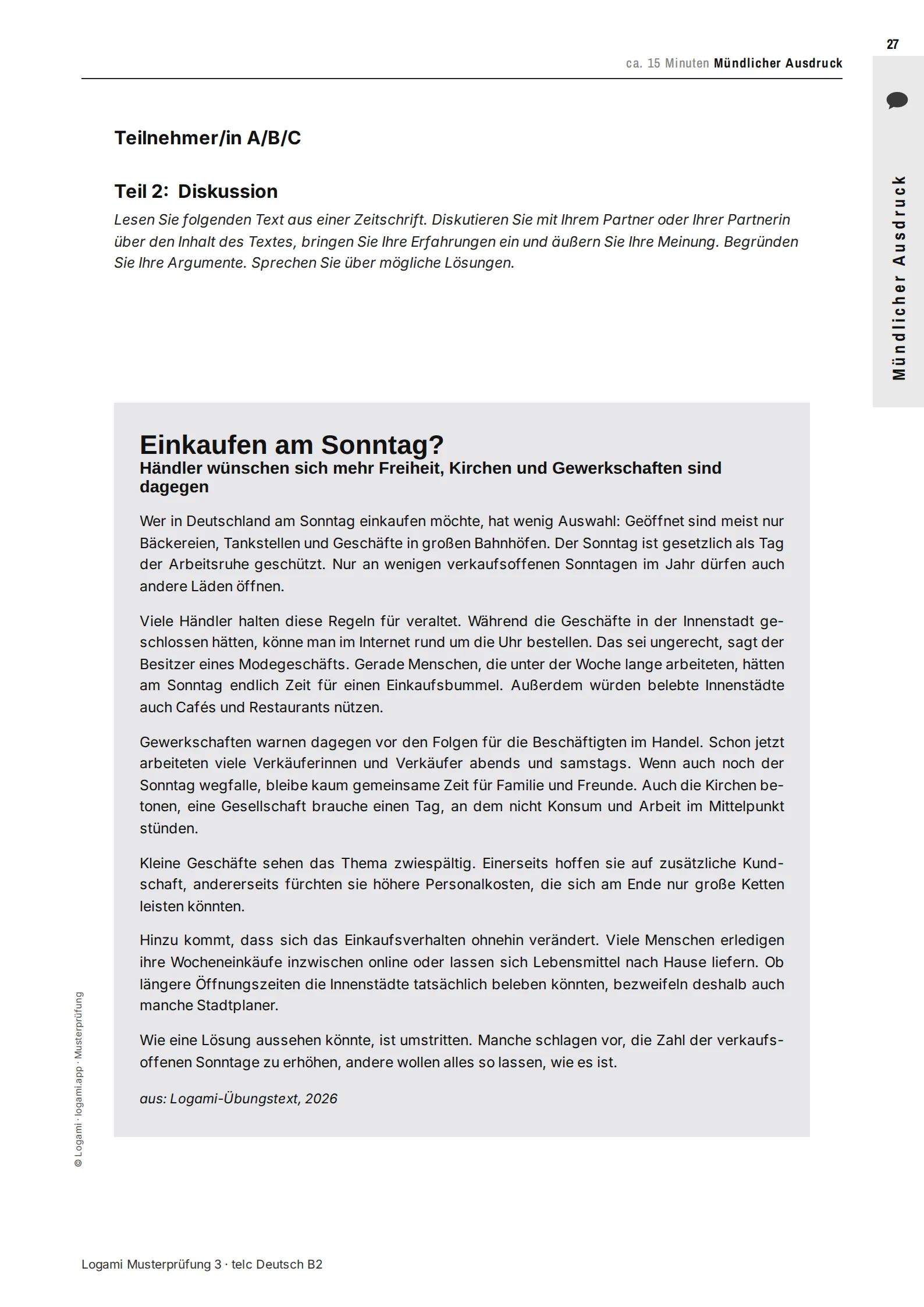 Teil 2 Diskussion: magazine article "Einkaufen am Sonntag?"