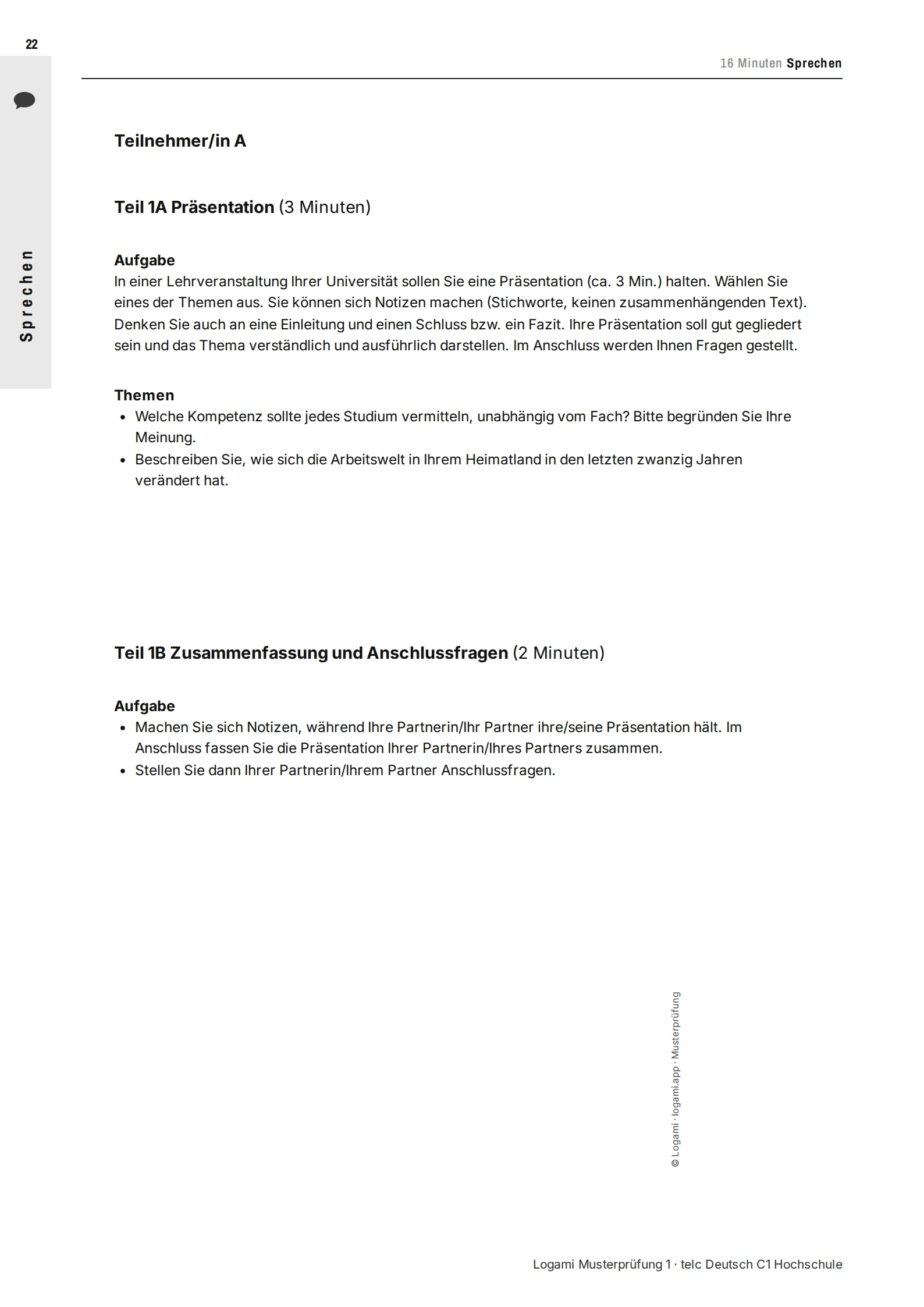 Teil 1A/1B candidate A: two presentation topics, then summary and follow-up questions