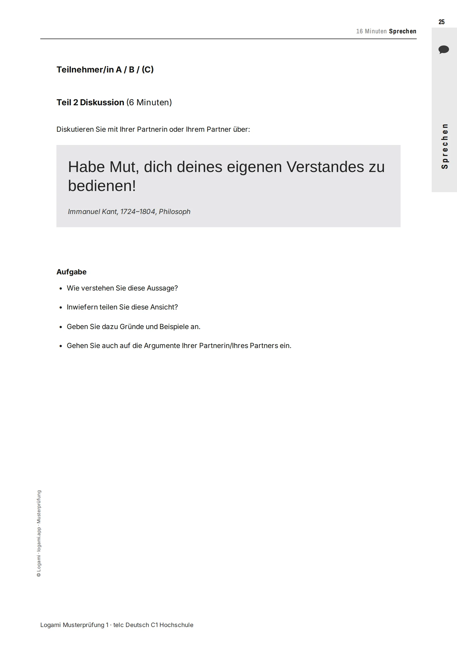 Teil 2 Diskussion: quote by Immanuel Kant with four guiding questions