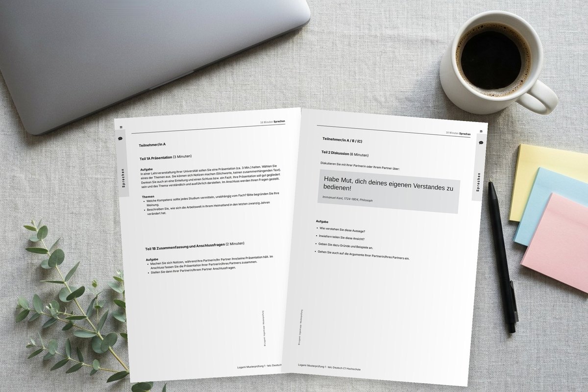 telc C1 Hochschule oral exam sheets with a presentation task and a discussion quote lying on a desk