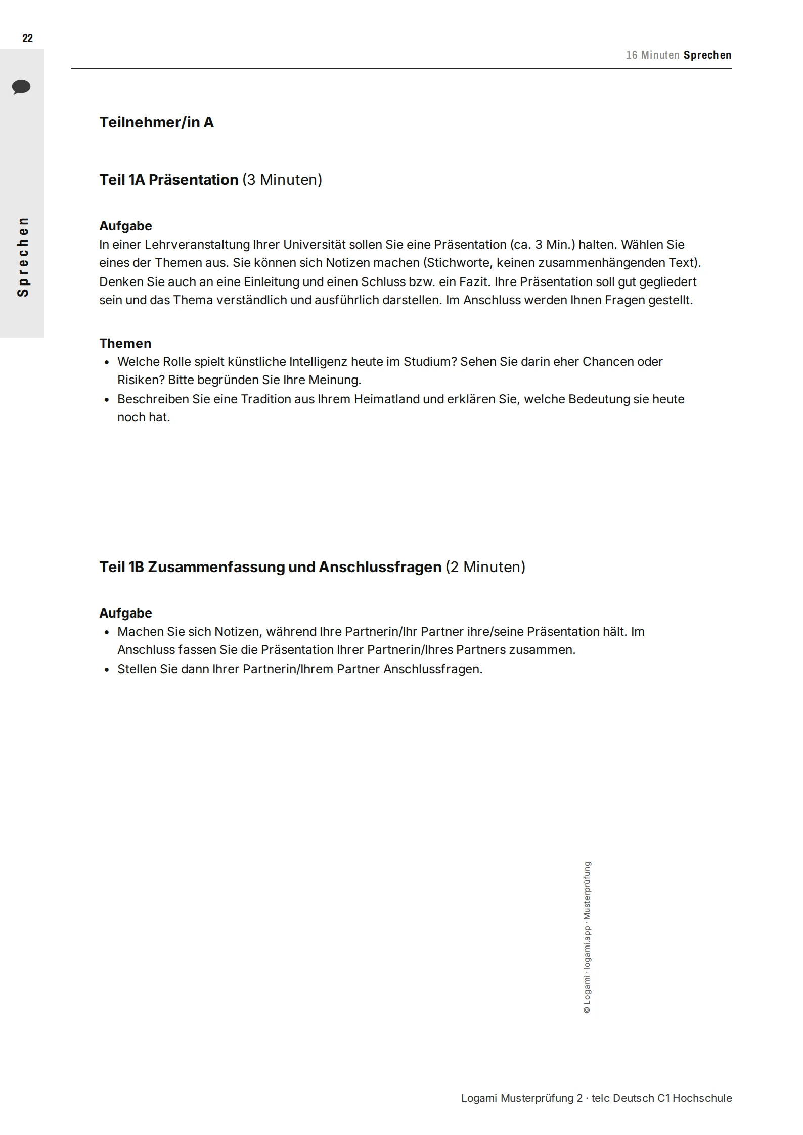 Teil 1A/1B candidate A: two presentation topics, then summary and follow-up questions