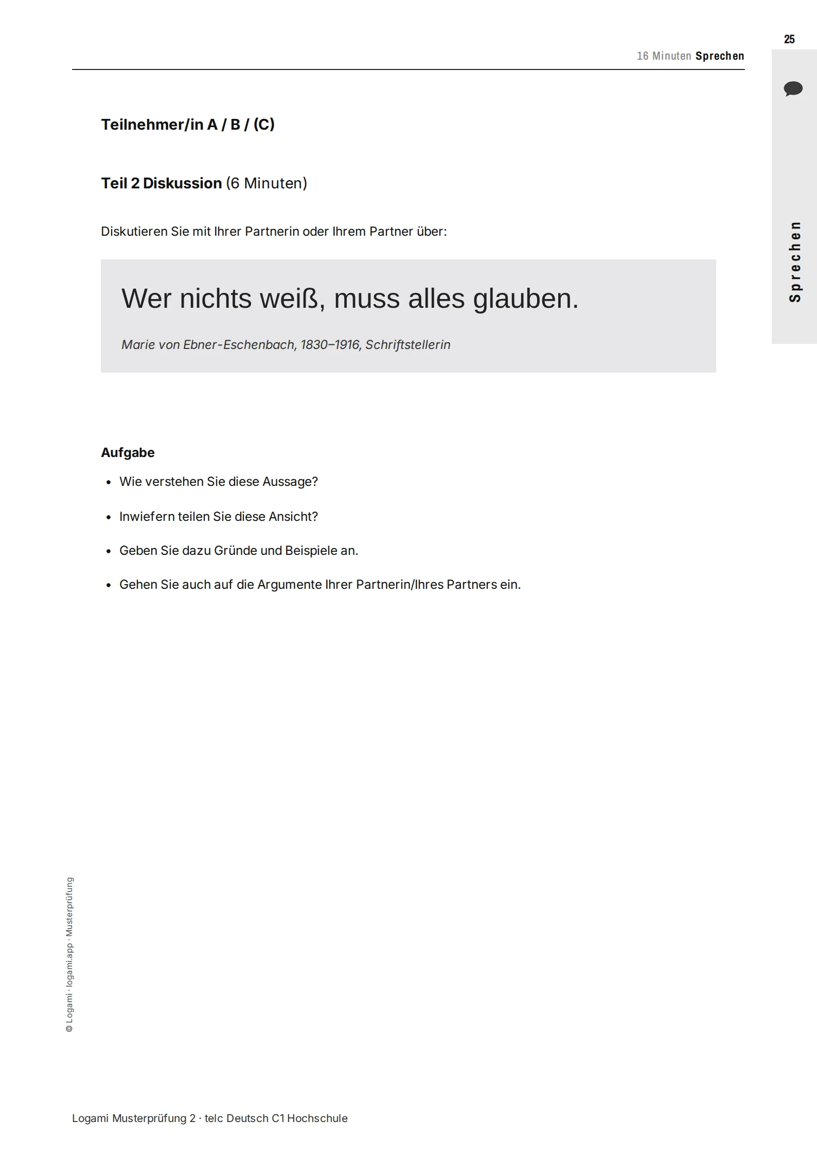 Teil 2 Diskussion: quote by Marie von Ebner-Eschenbach with four guiding questions
