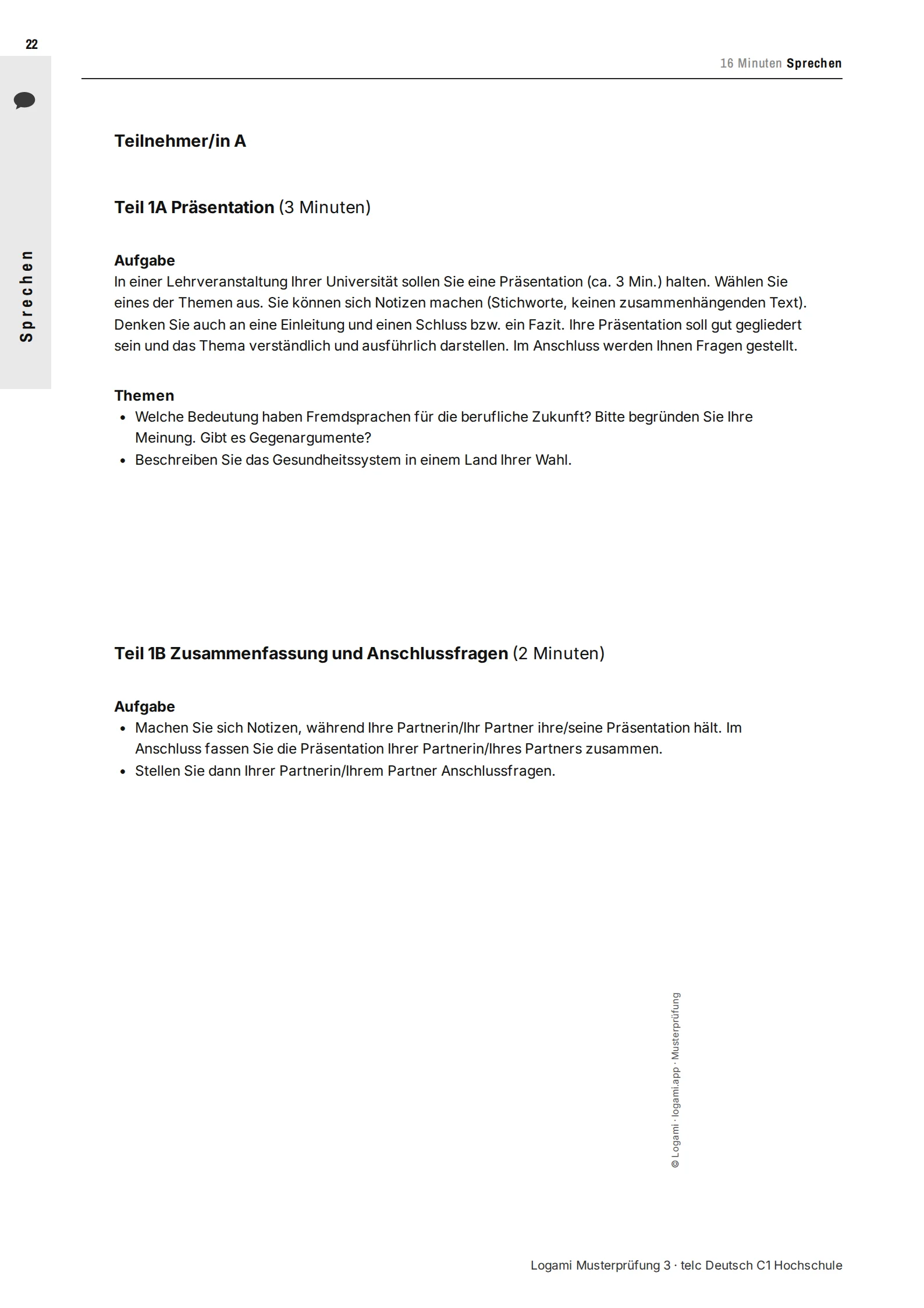 Teil 1A/1B candidate A: two presentation topics, then summary and follow-up questions